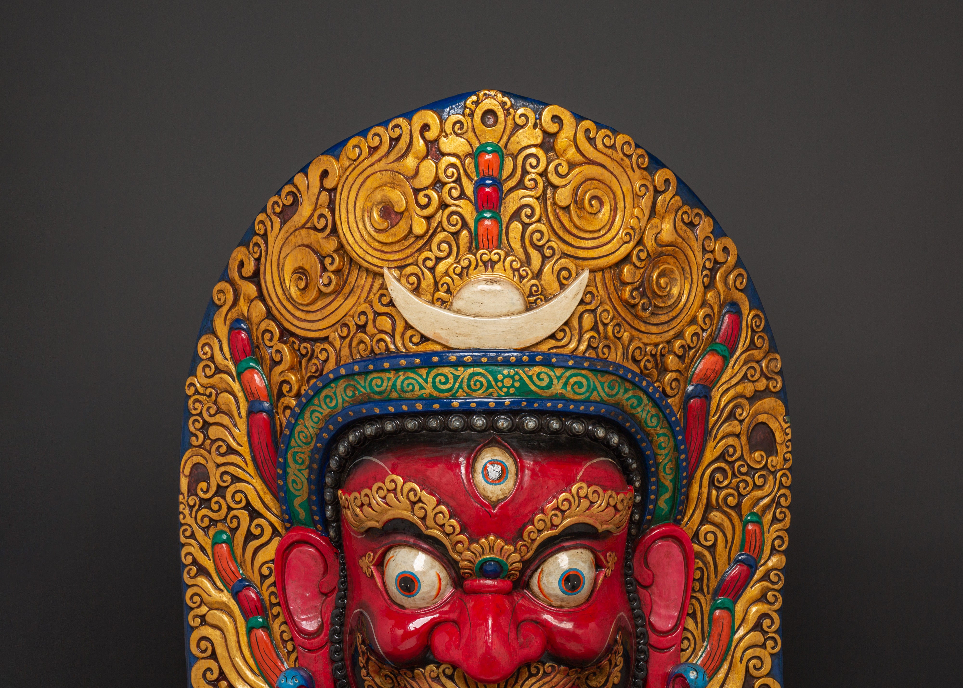 Sacred Red Deity Wall Hanging | Handcarved Mahakala Mask Sculpture