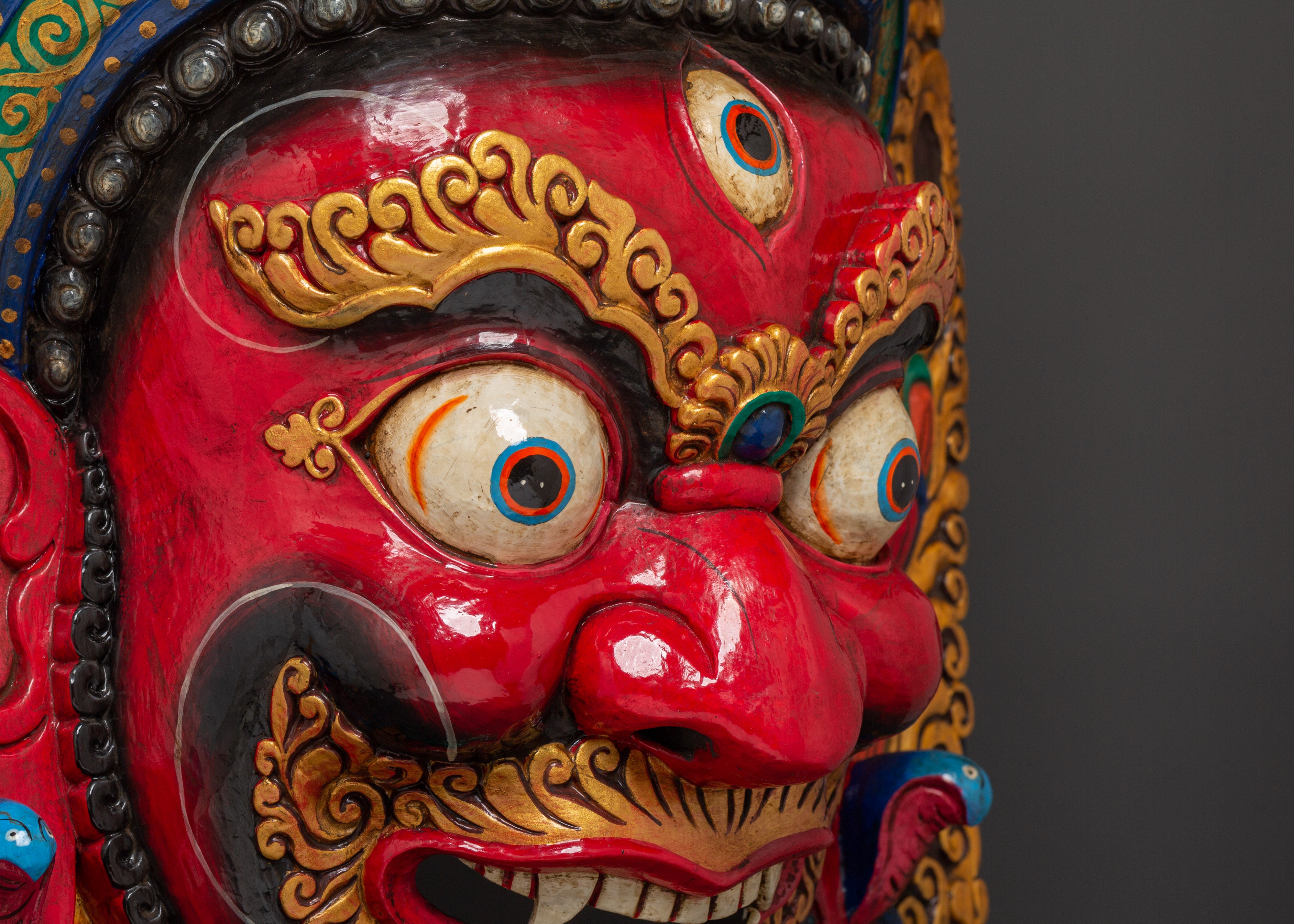 Sacred Red Deity Wall Hanging | Handcarved Mahakala Mask Sculpture