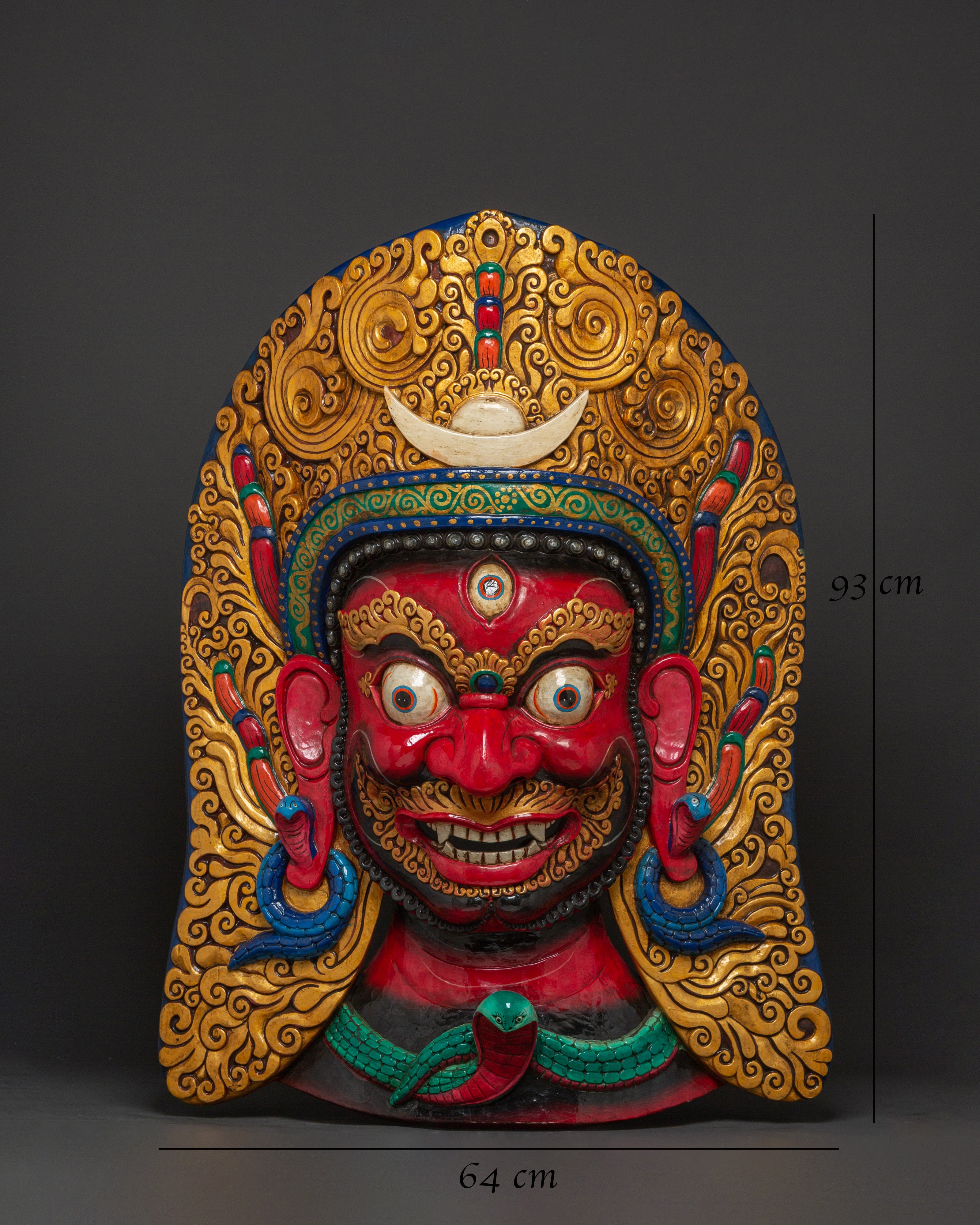 Sacred Red Deity Wall Hanging | Handcarved Mahakala Mask Sculpture