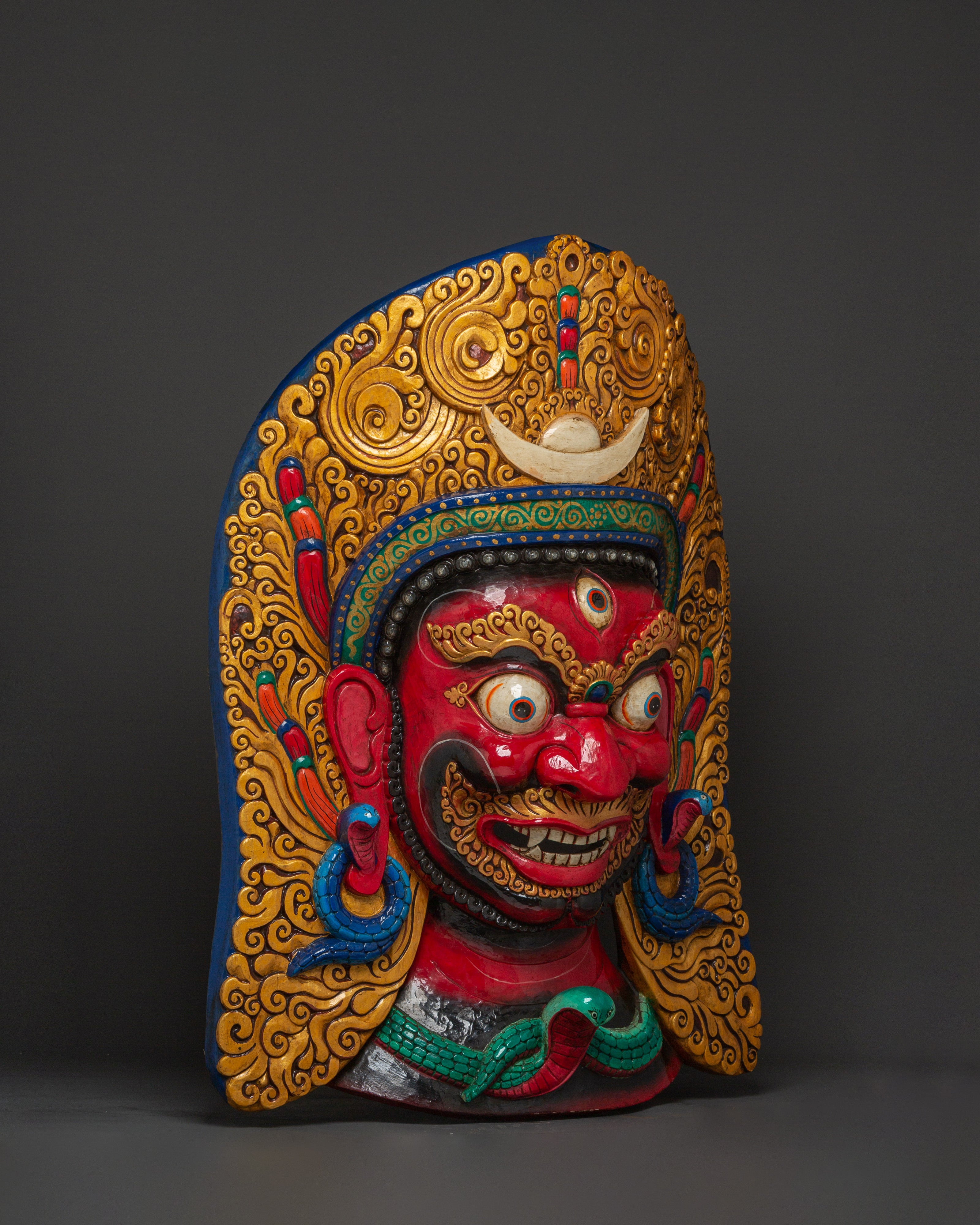 Sacred Red Deity Wall Hanging | Handcarved Mahakala Mask Sculpture