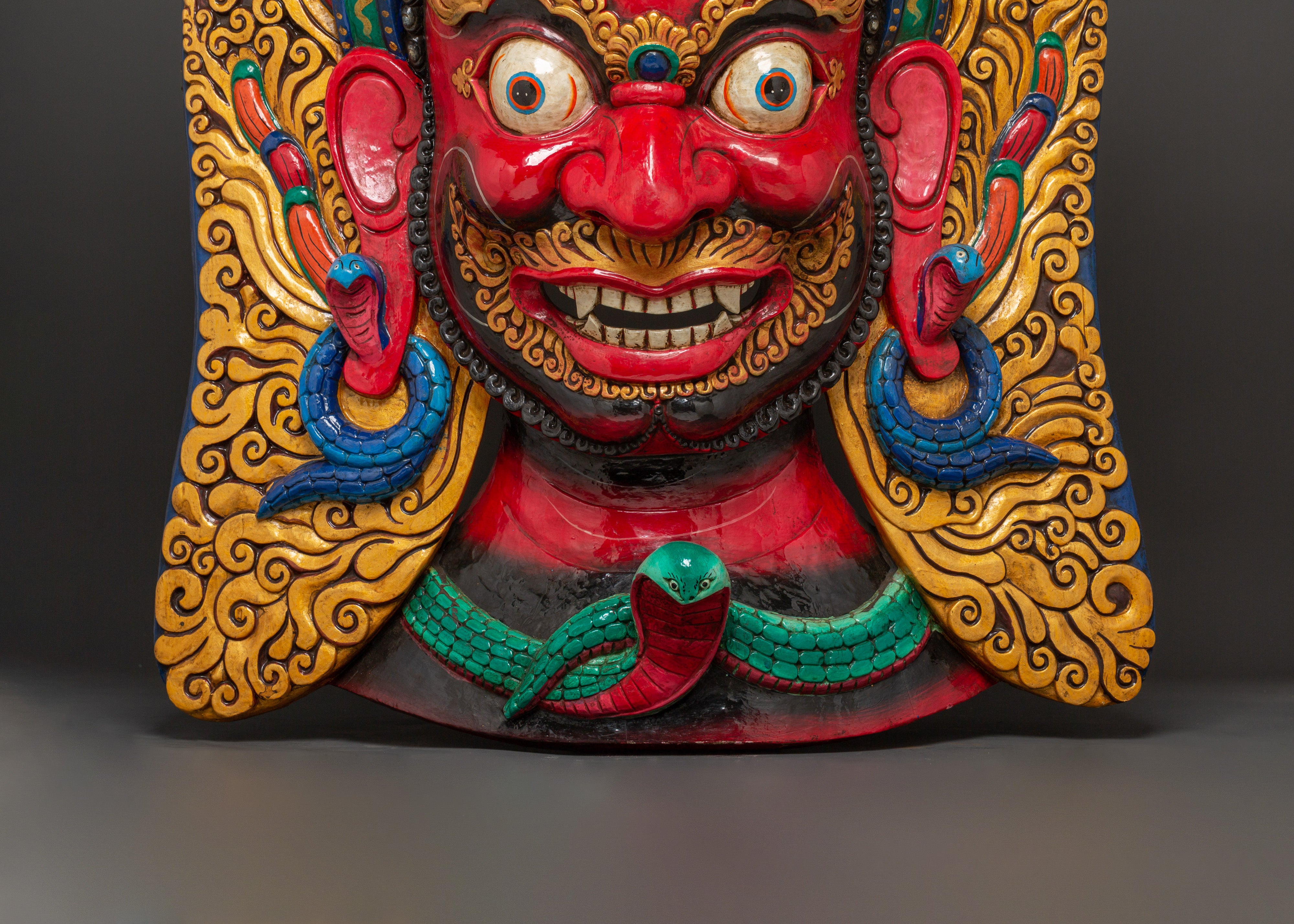 Sacred Red Deity Wall Hanging | Handcarved Mahakala Mask Sculpture