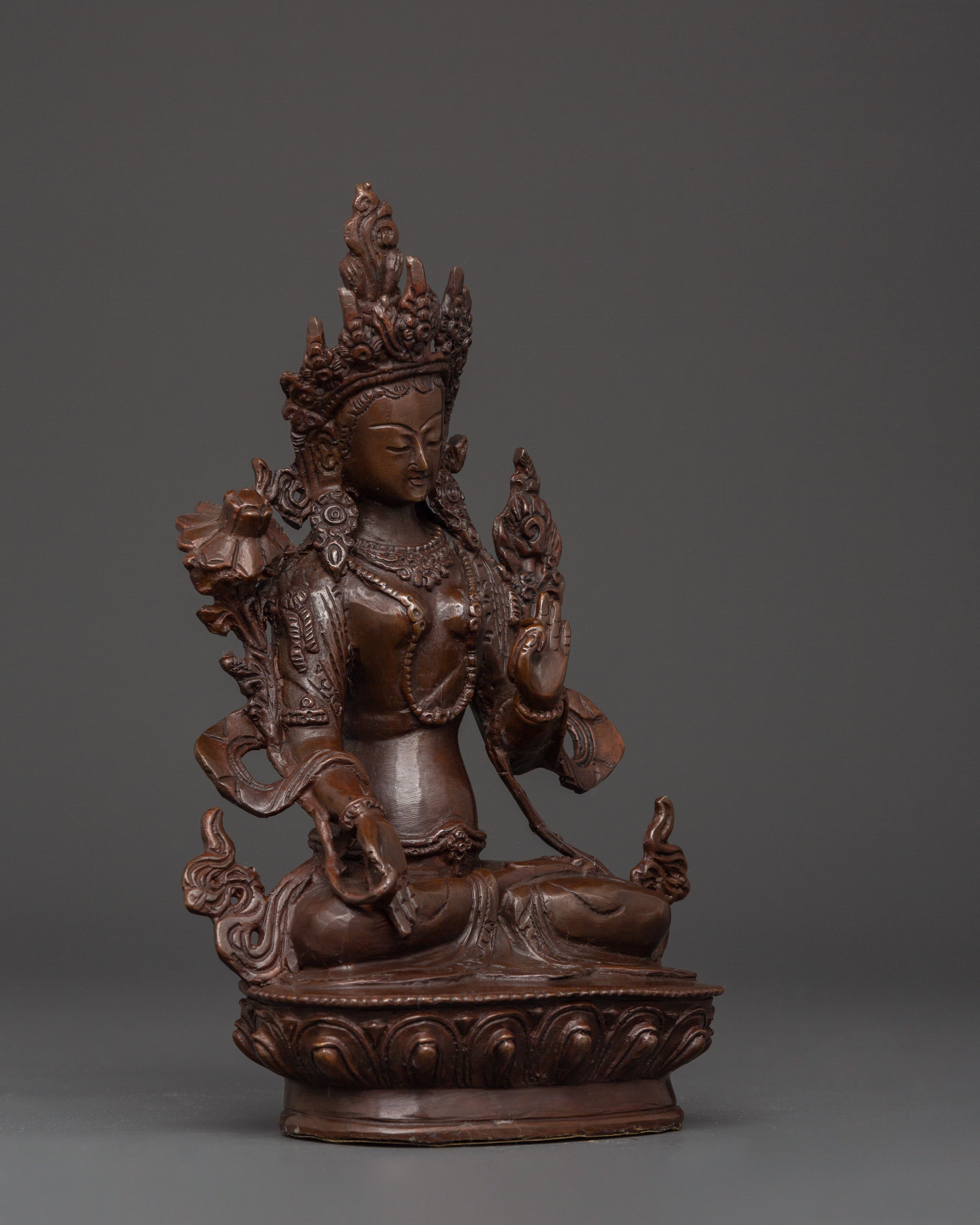 Handmade Buddhist White Tara Sculpture | Copper Tibetan Deity Figurine
