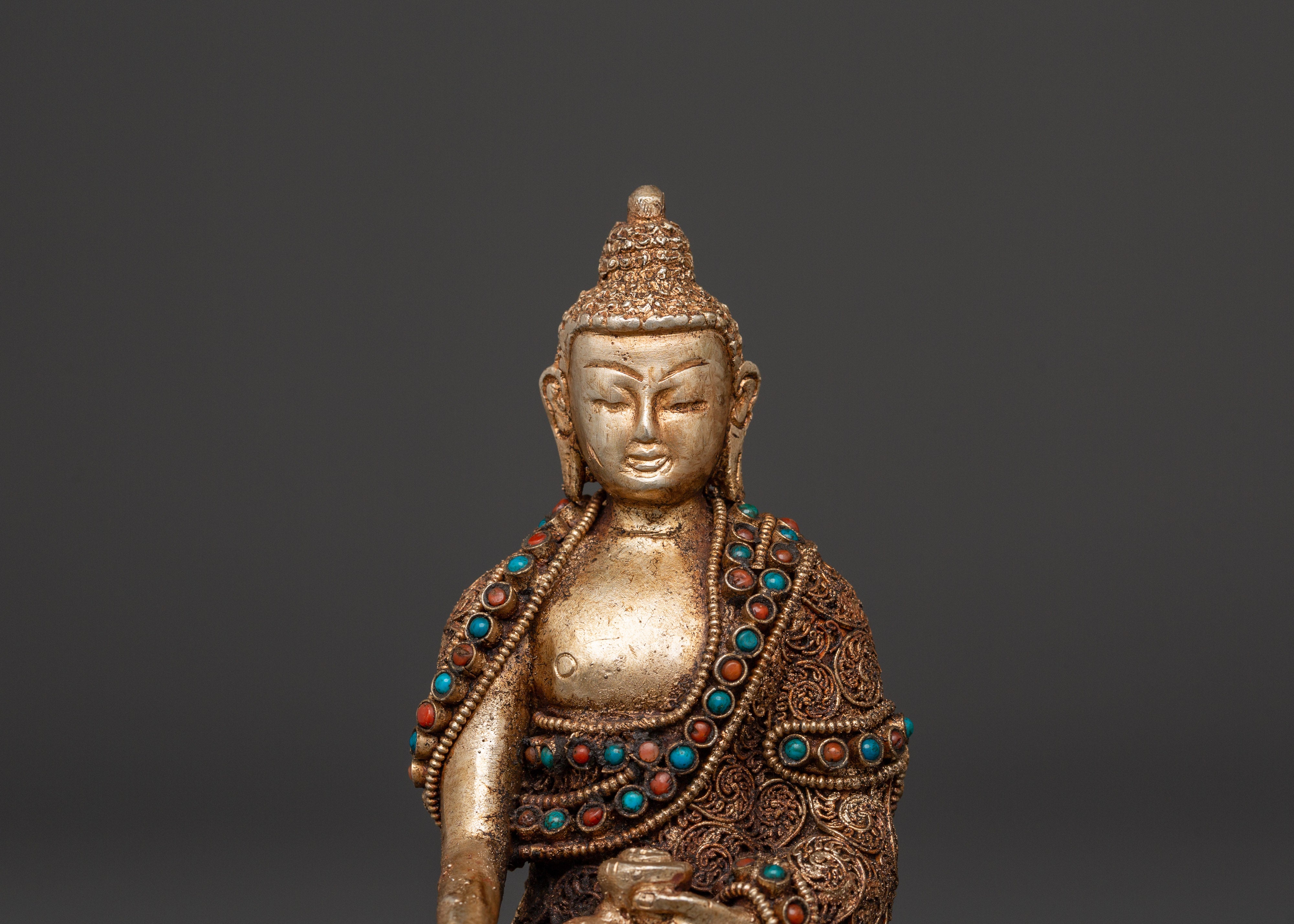 Filigree Shakyamuni Buddha Sculpture | Silver Plated Copper Statue