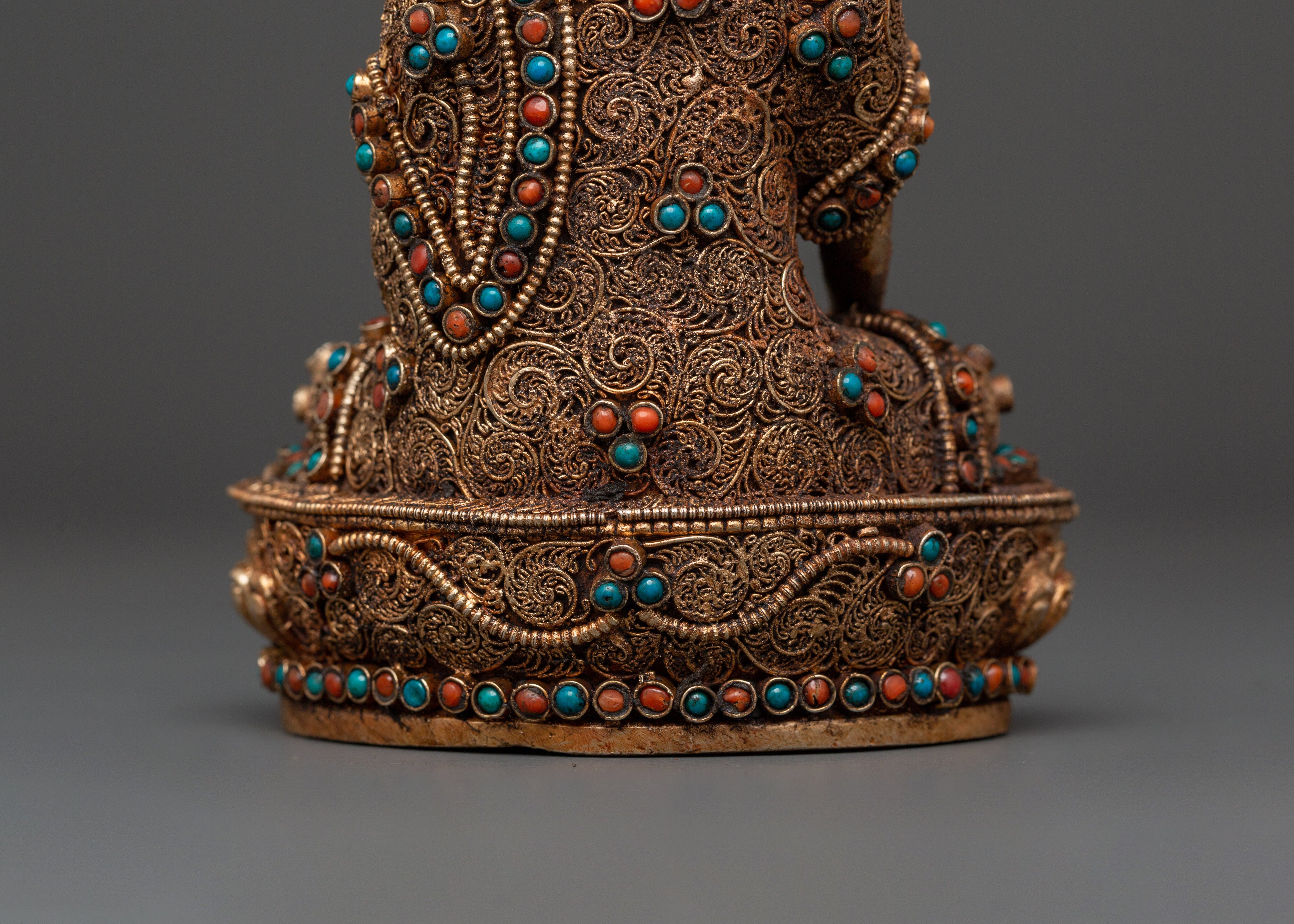 Filigree Shakyamuni Buddha Sculpture | Silver Plated Copper Statue