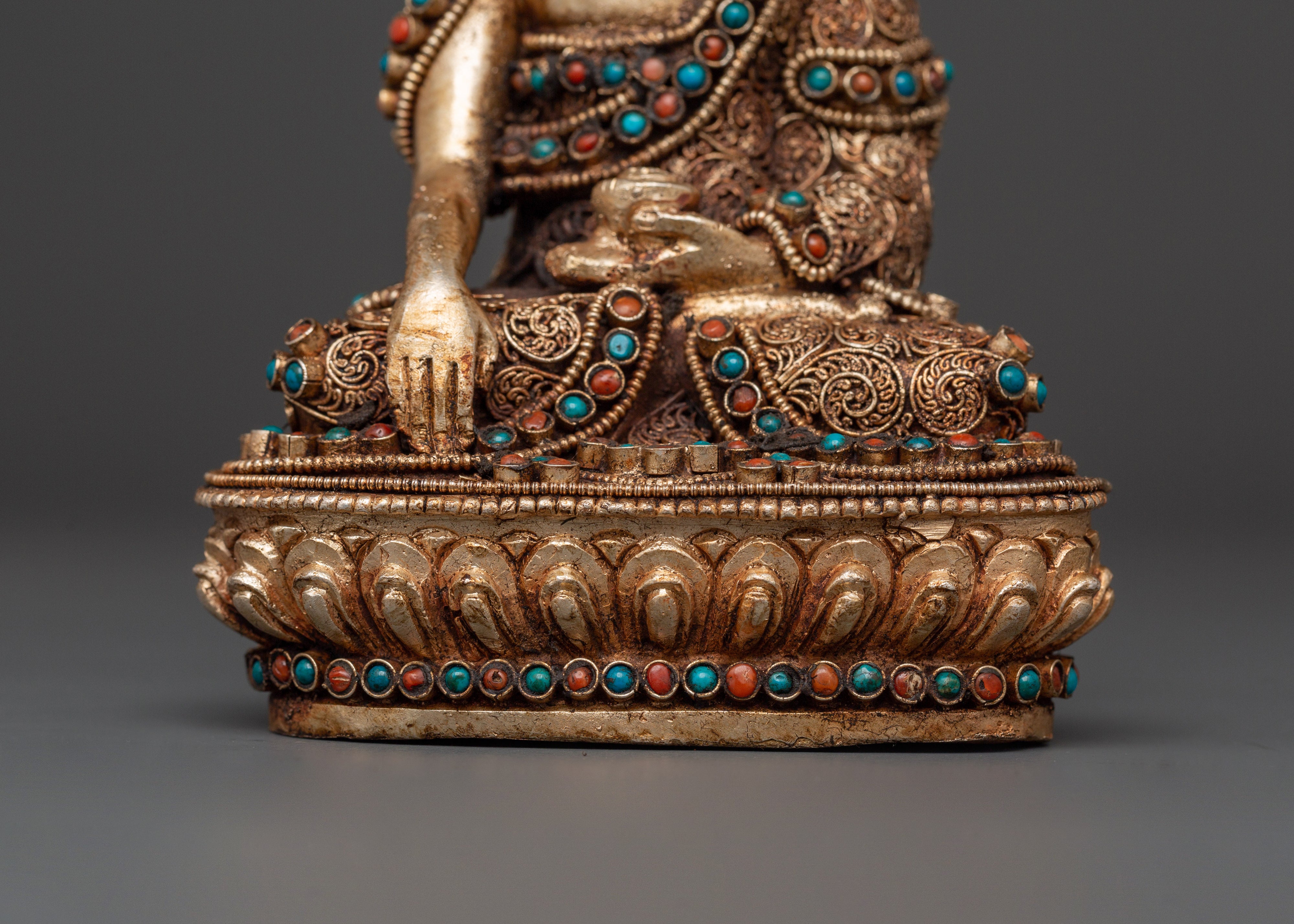 Filigree Shakyamuni Buddha Sculpture | Silver Plated Copper Statue