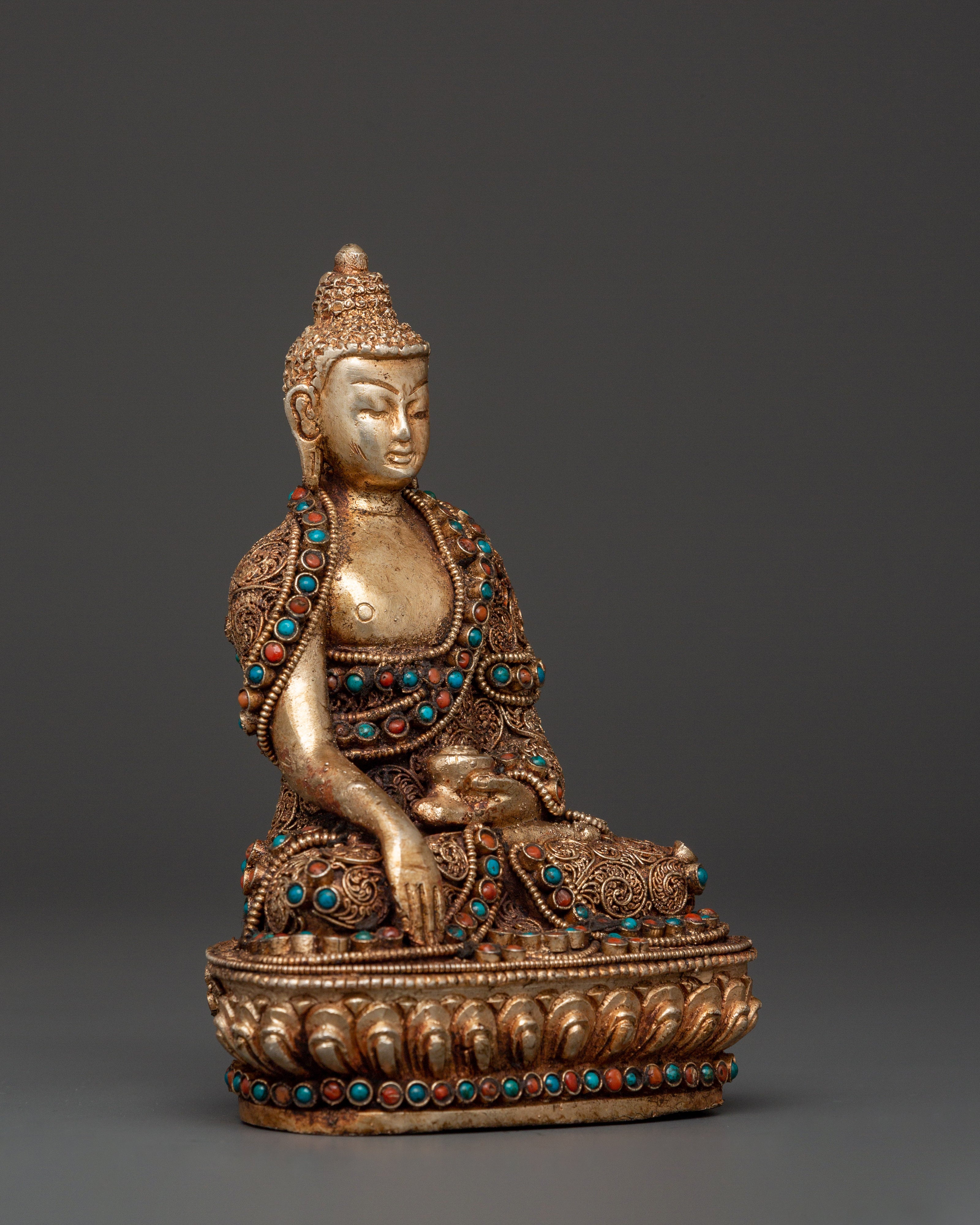 Filigree Shakyamuni Buddha Sculpture | Silver Plated Copper Statue
