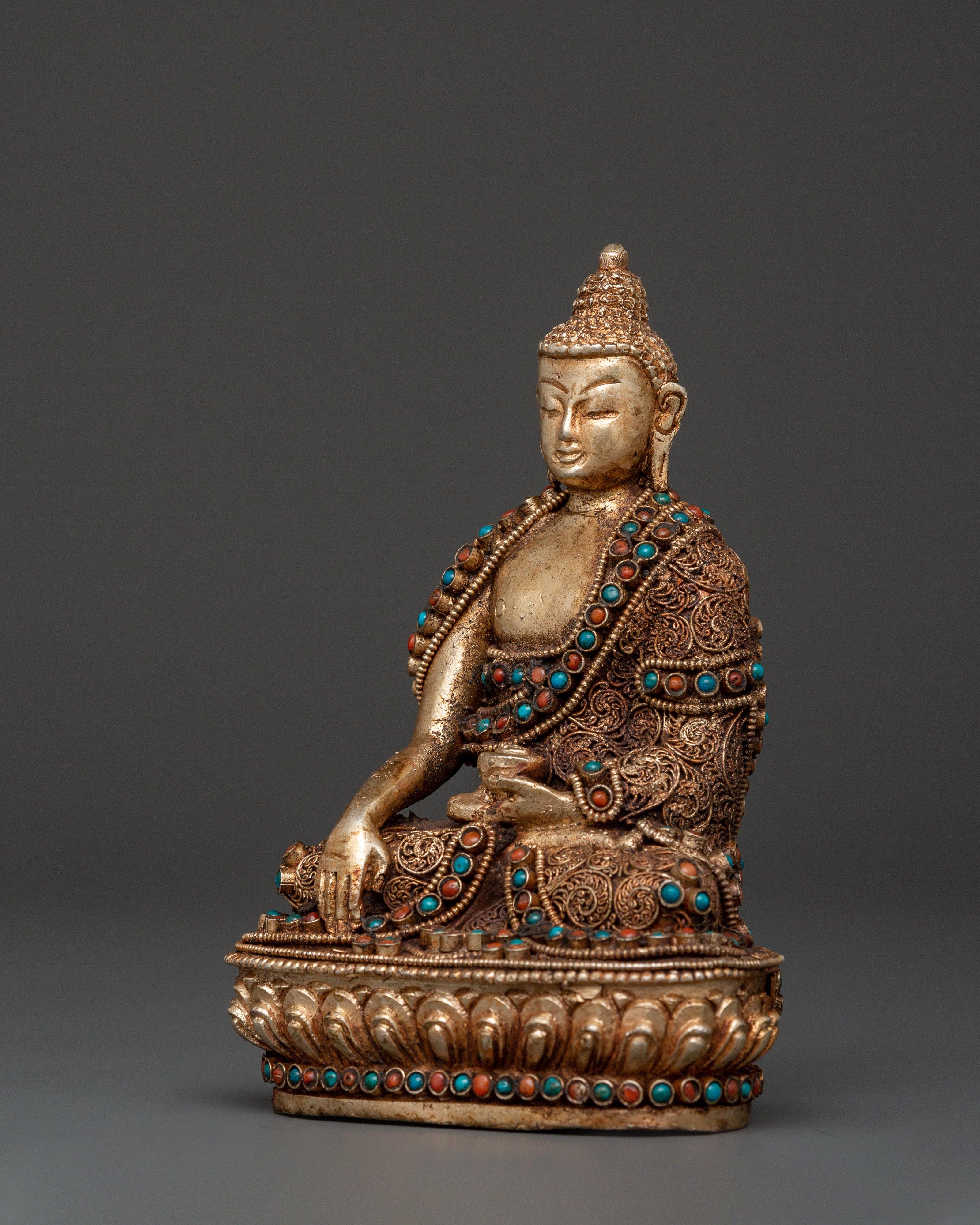 Filigree Shakyamuni Buddha Sculpture | Silver Plated Copper Statue