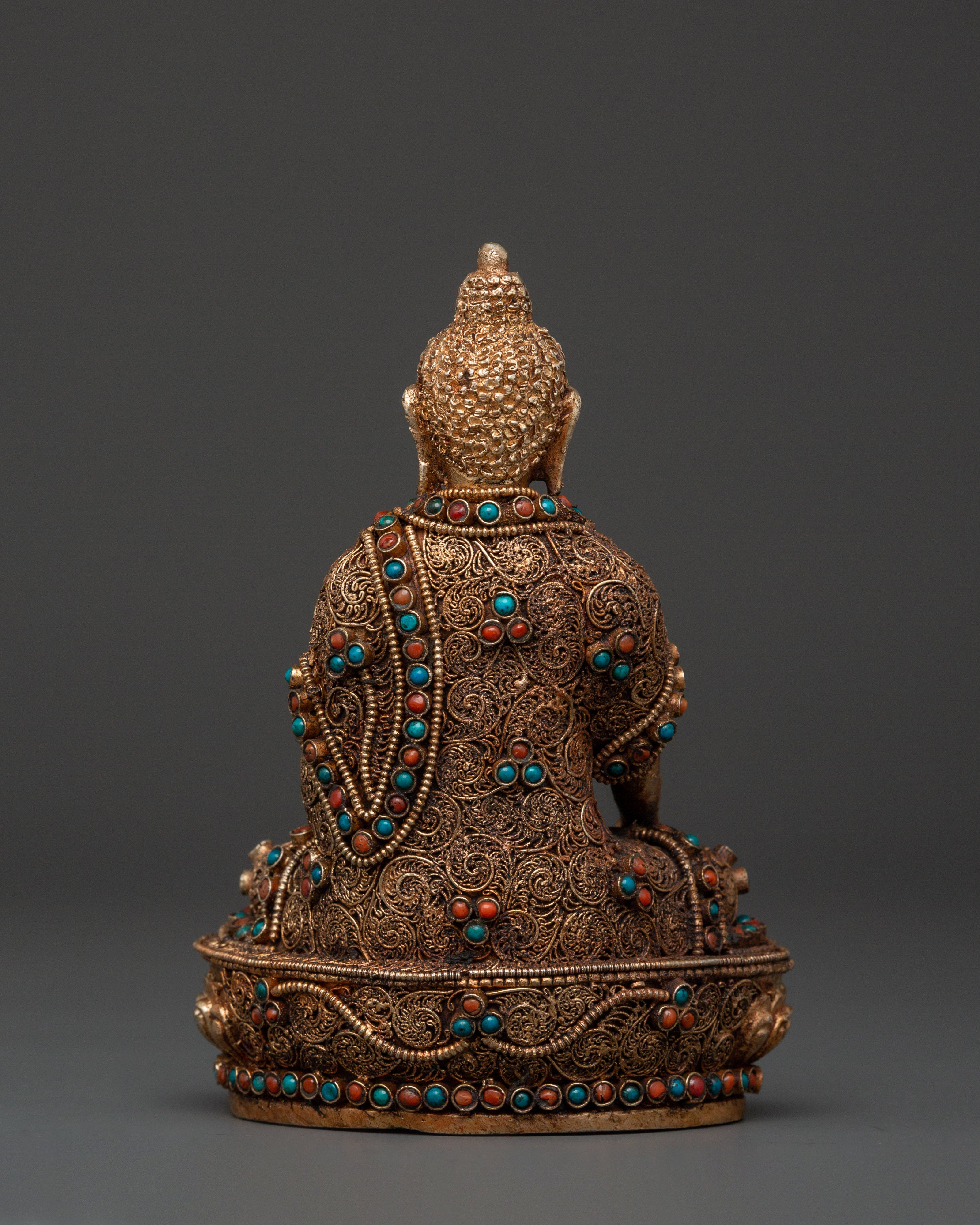 Filigree Shakyamuni Buddha Sculpture | Silver Plated Copper Statue