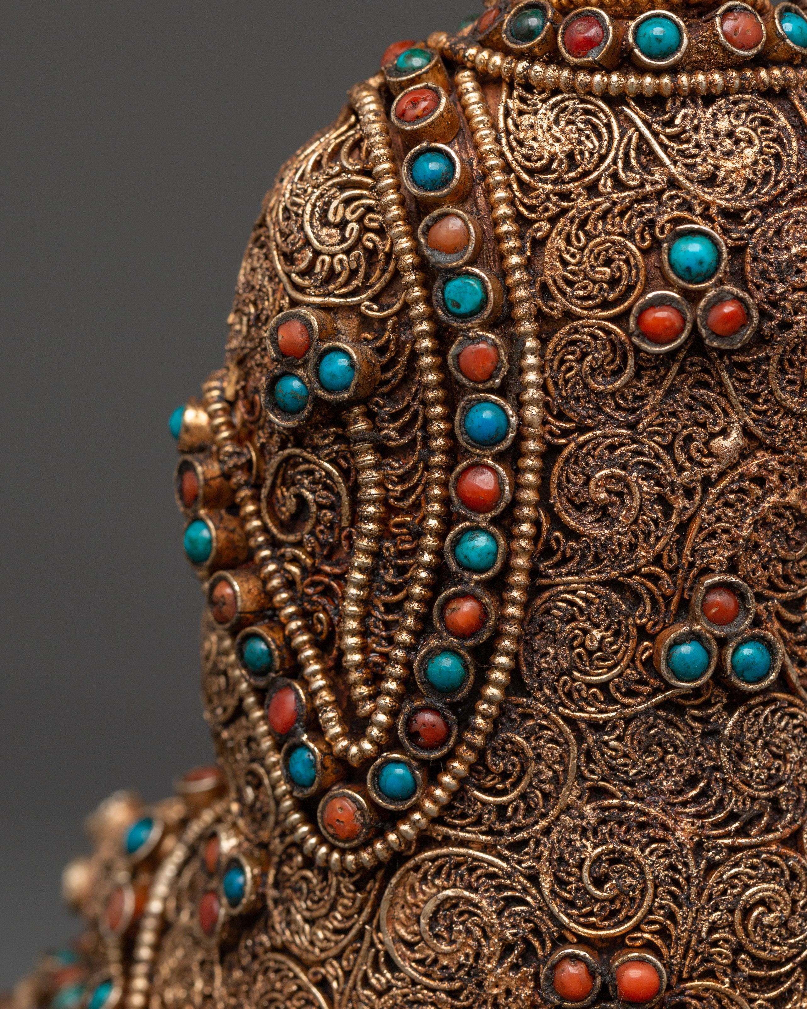 Filigree Shakyamuni Buddha Sculpture | Silver Plated Copper Statue