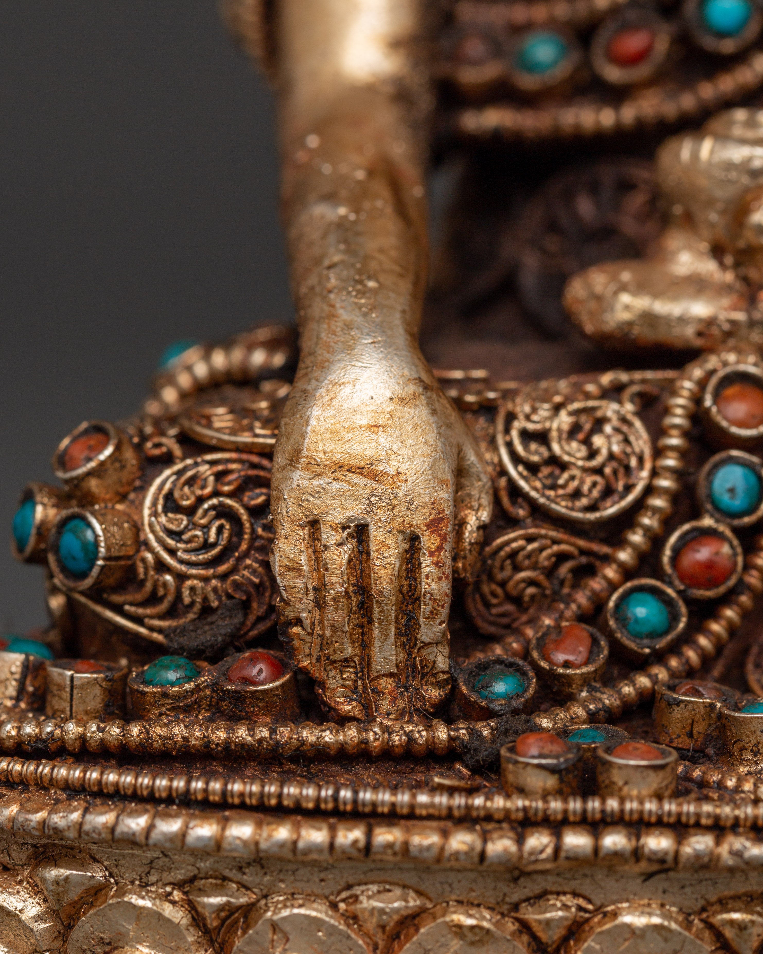 Filigree Shakyamuni Buddha Sculpture | Silver Plated Copper Statue