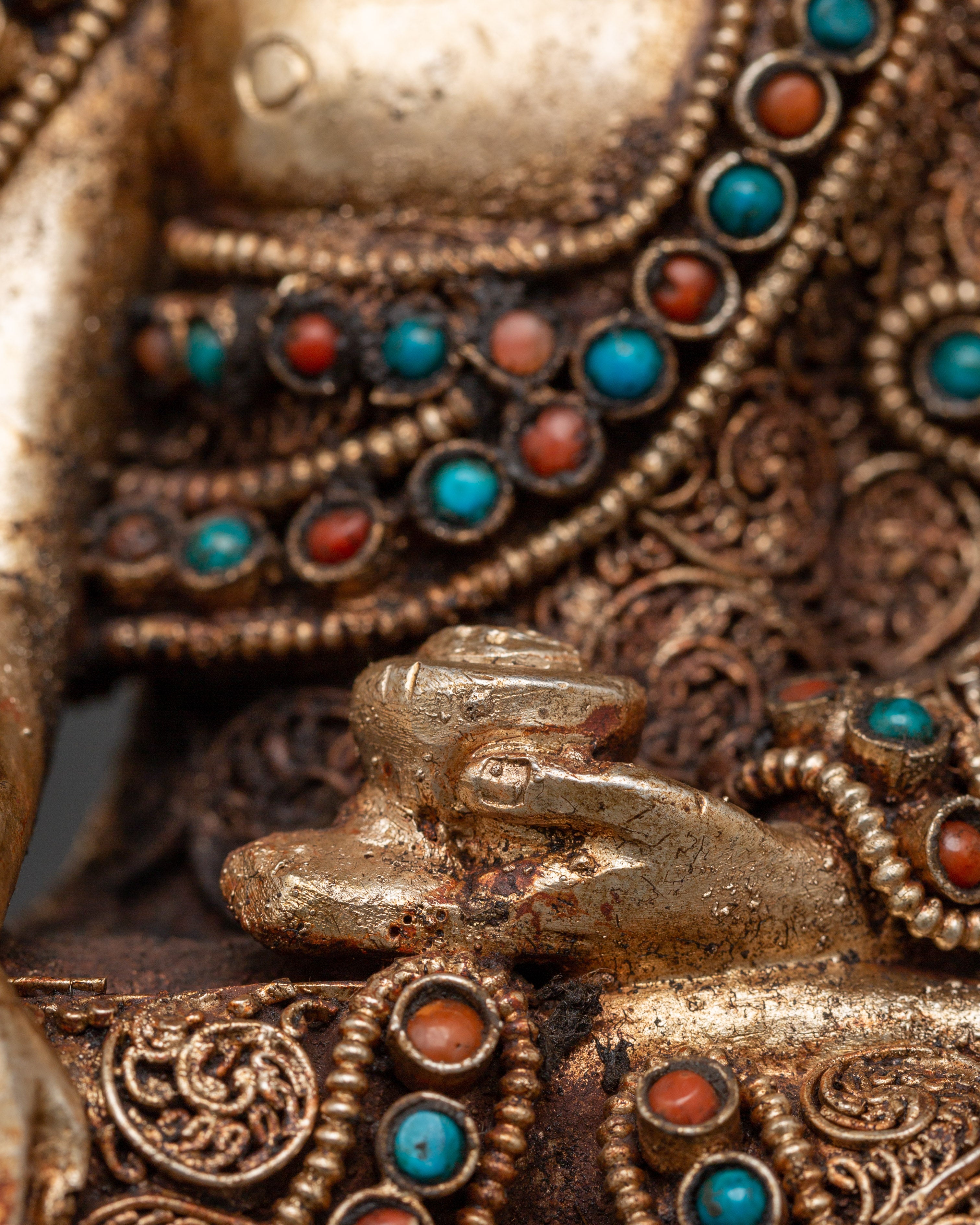 Filigree Shakyamuni Buddha Sculpture | Silver Plated Copper Statue