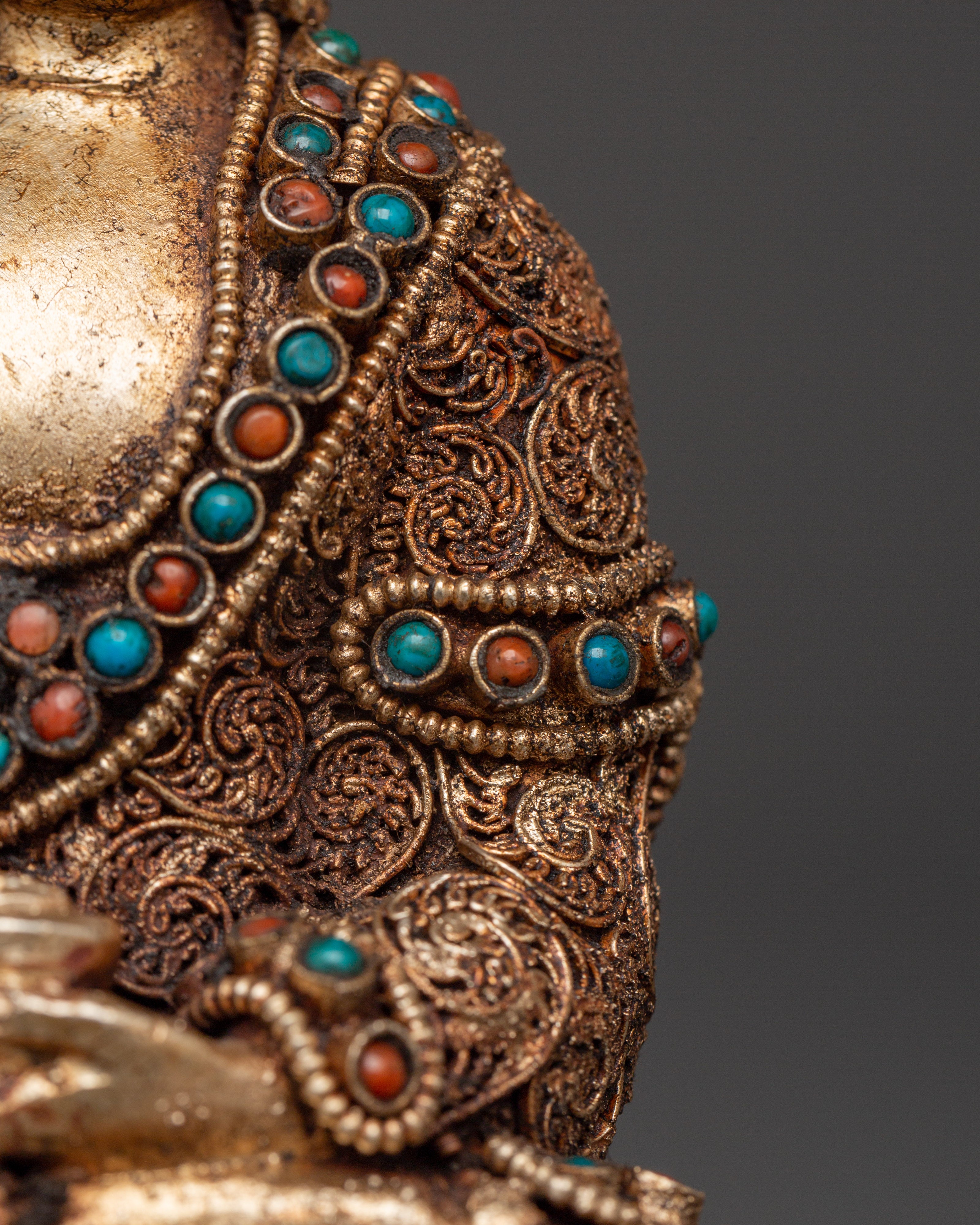 Filigree Shakyamuni Buddha Sculpture | Silver Plated Copper Statue