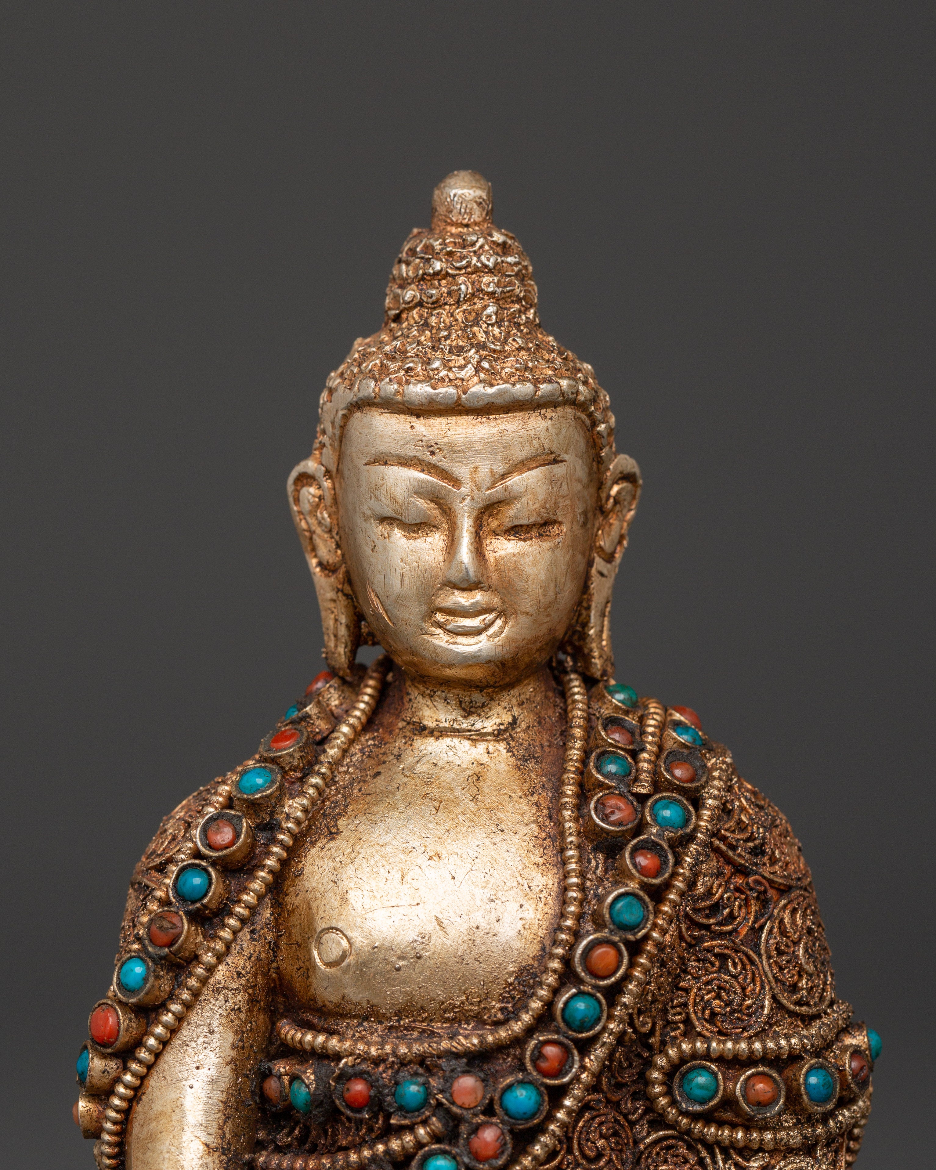 Filigree Shakyamuni Buddha Sculpture | Silver Plated Copper Statue