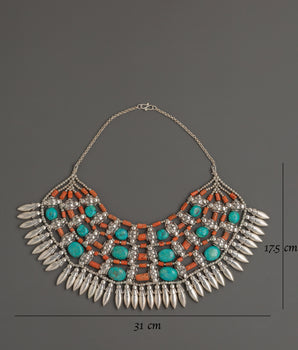 White Metal Tibetan Necklace with Turquoise & Coral Stones