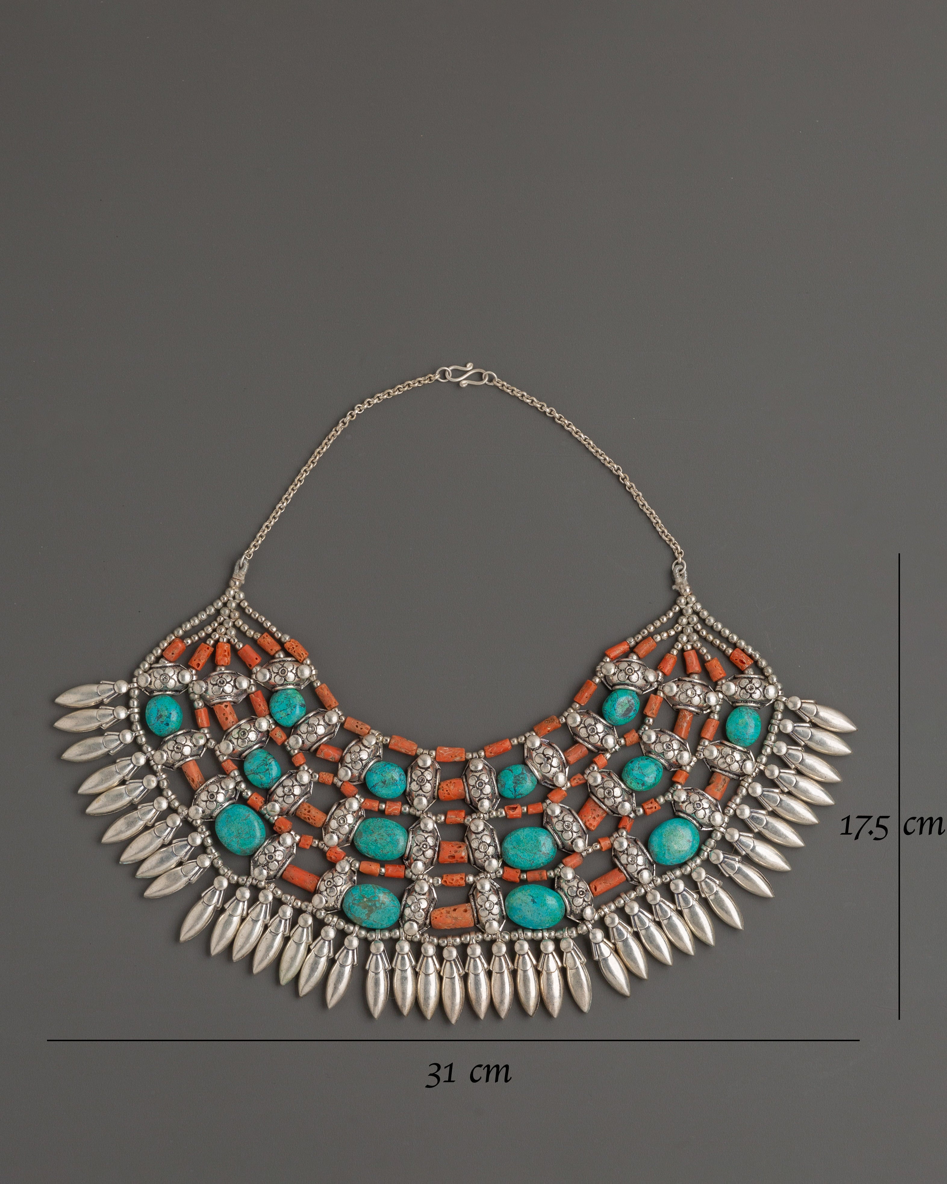White Metal Tibetan Necklace with Turquoise & Coral Stones