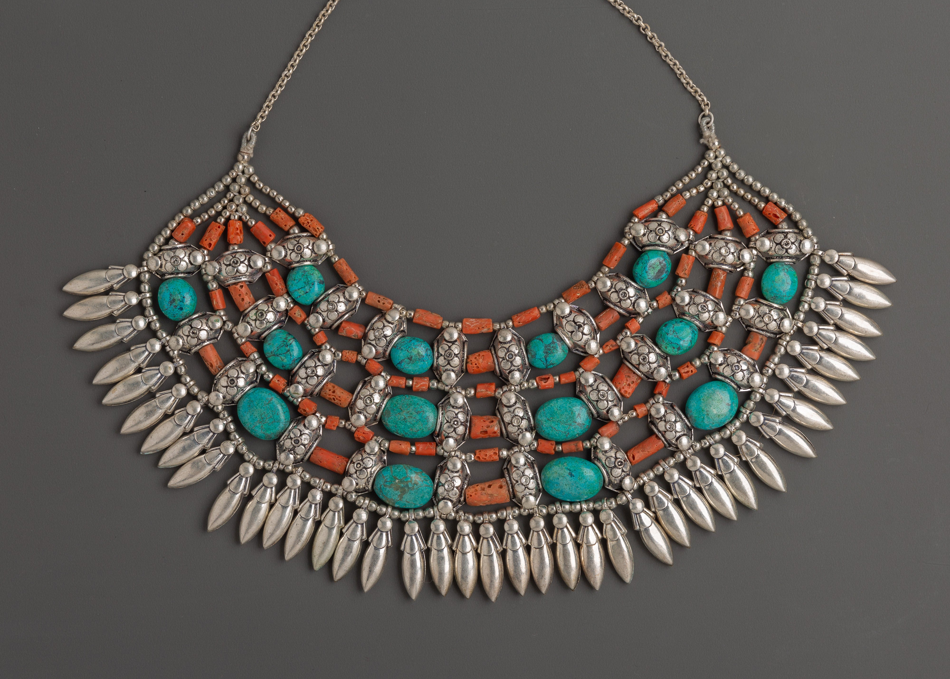 White Metal Tibetan Necklace with Turquoise & Coral Stones