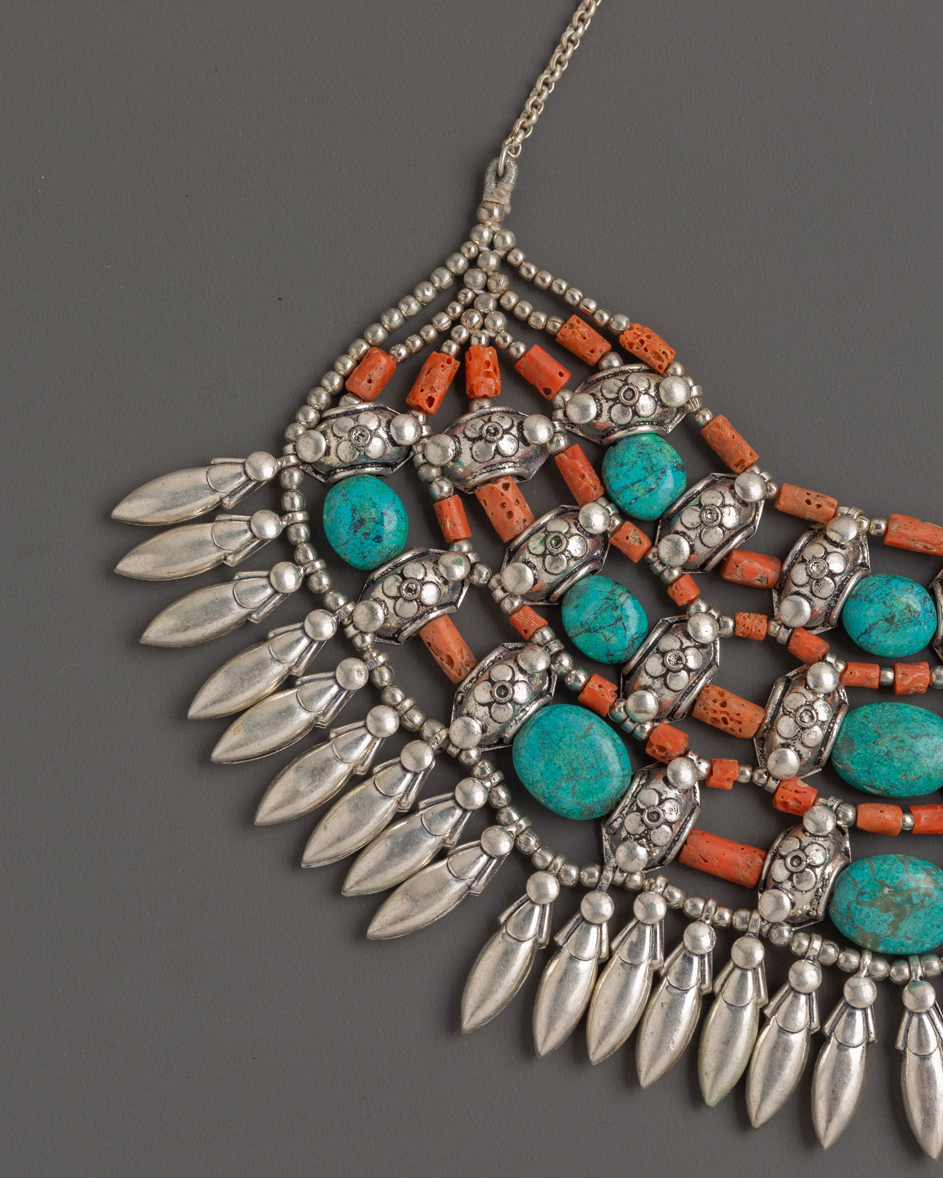 White Metal Tibetan Necklace with Turquoise & Coral Stones