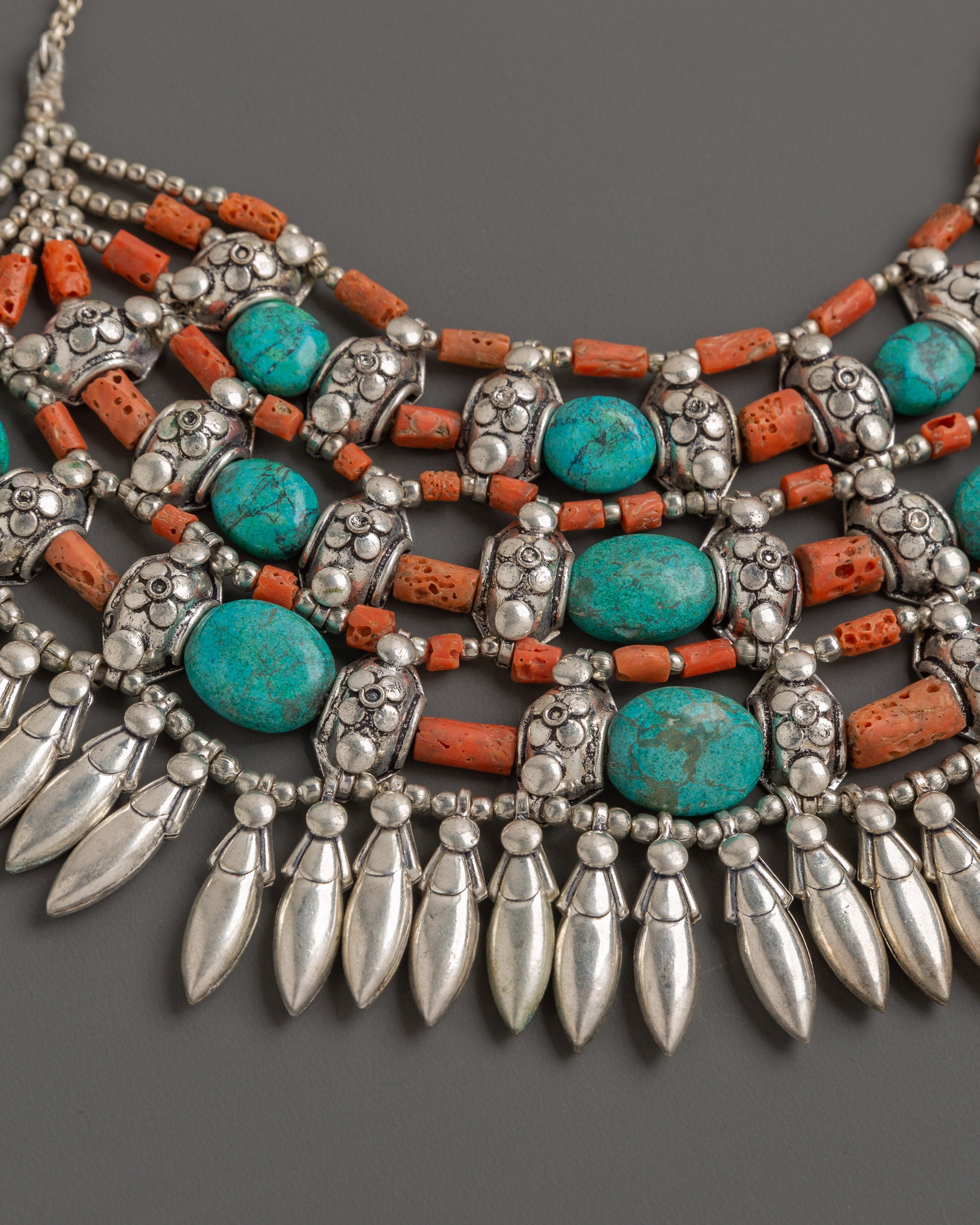 White Metal Tibetan Necklace with Turquoise & Coral Stones
