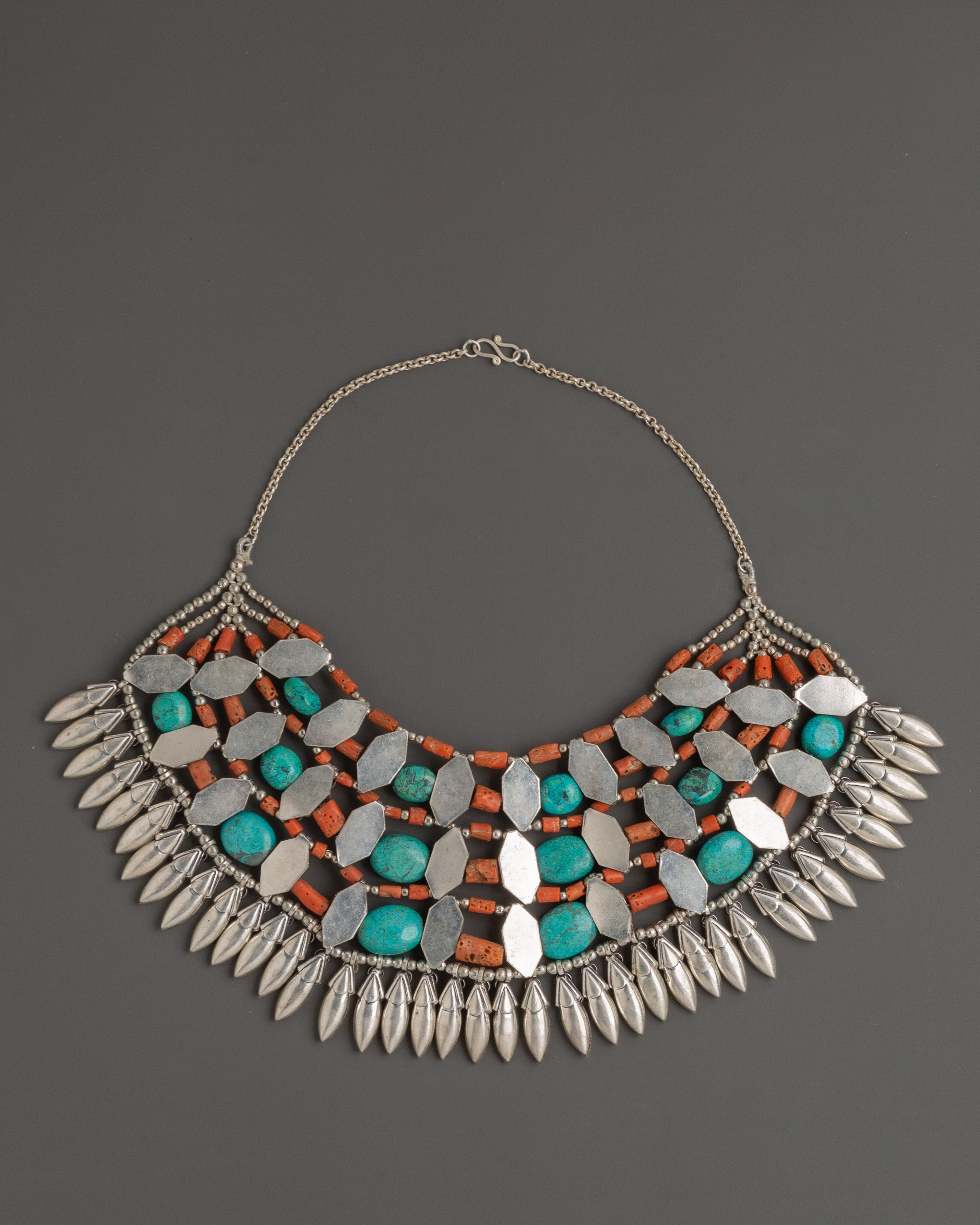 White Metal Tibetan Necklace with Turquoise & Coral Stones