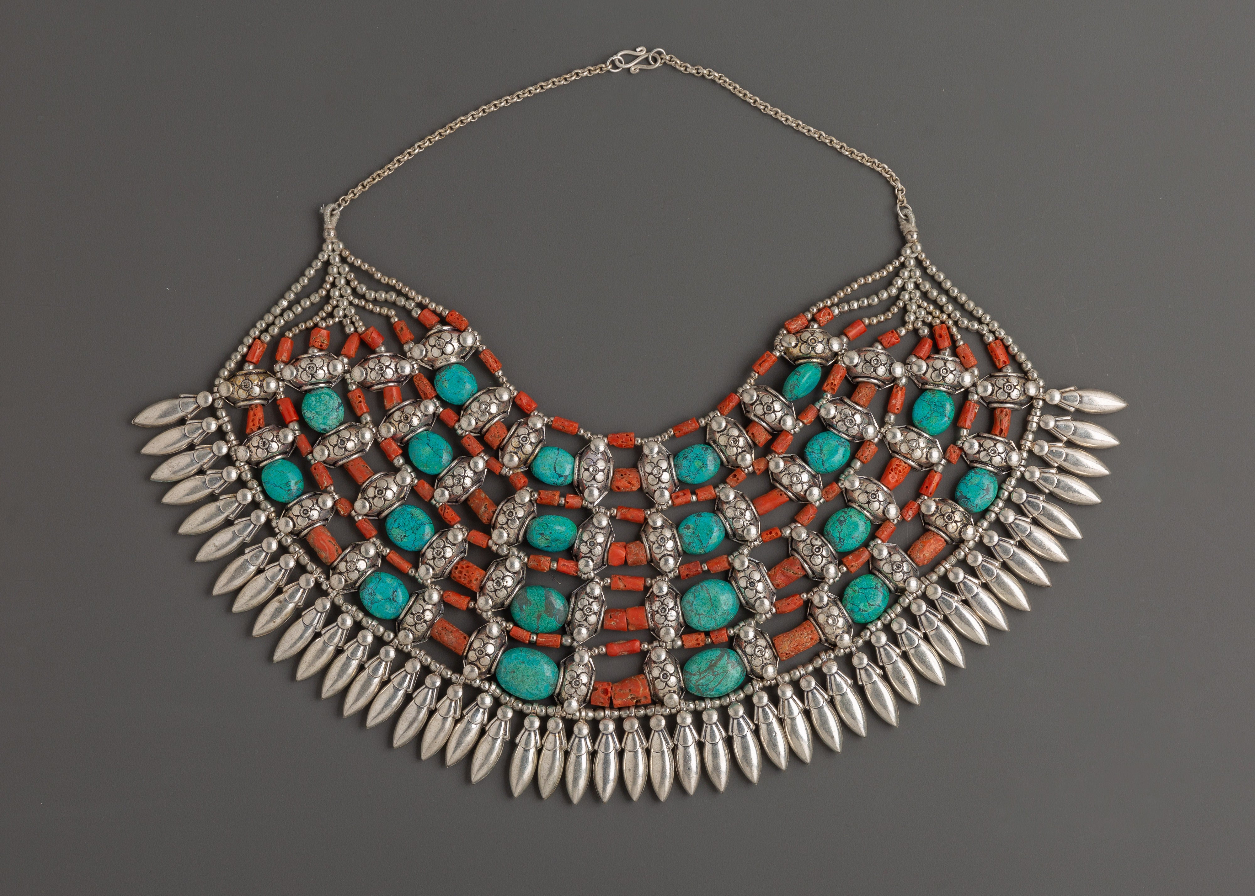 Chunky Tibetan Necklace with Coral and Turquoise | Statement Jewelry