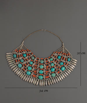 Tibetan White Metal Chunky Necklace with Coral and Turquoise