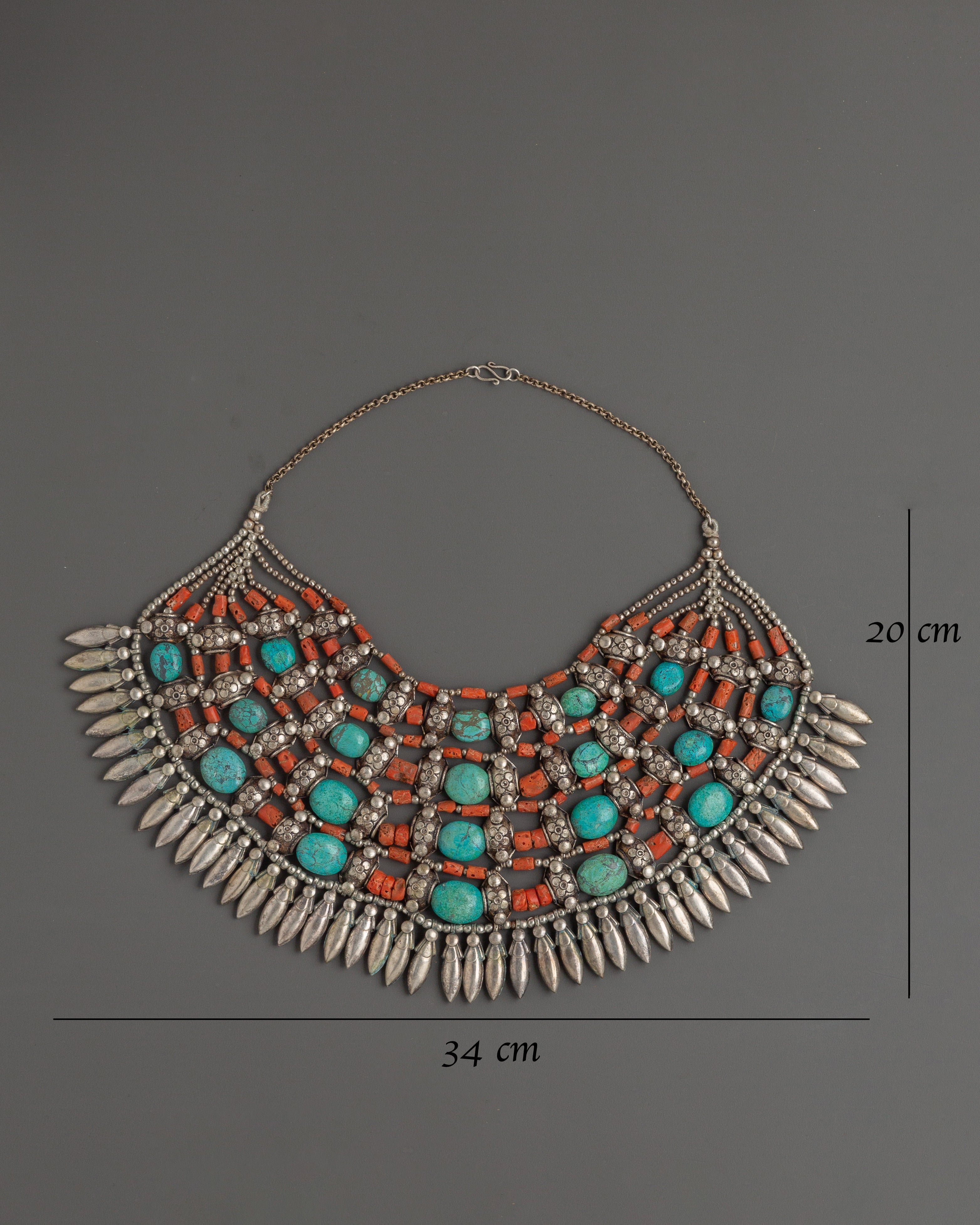 Tibetan White Metal Chunky Necklace with Coral and Turquoise