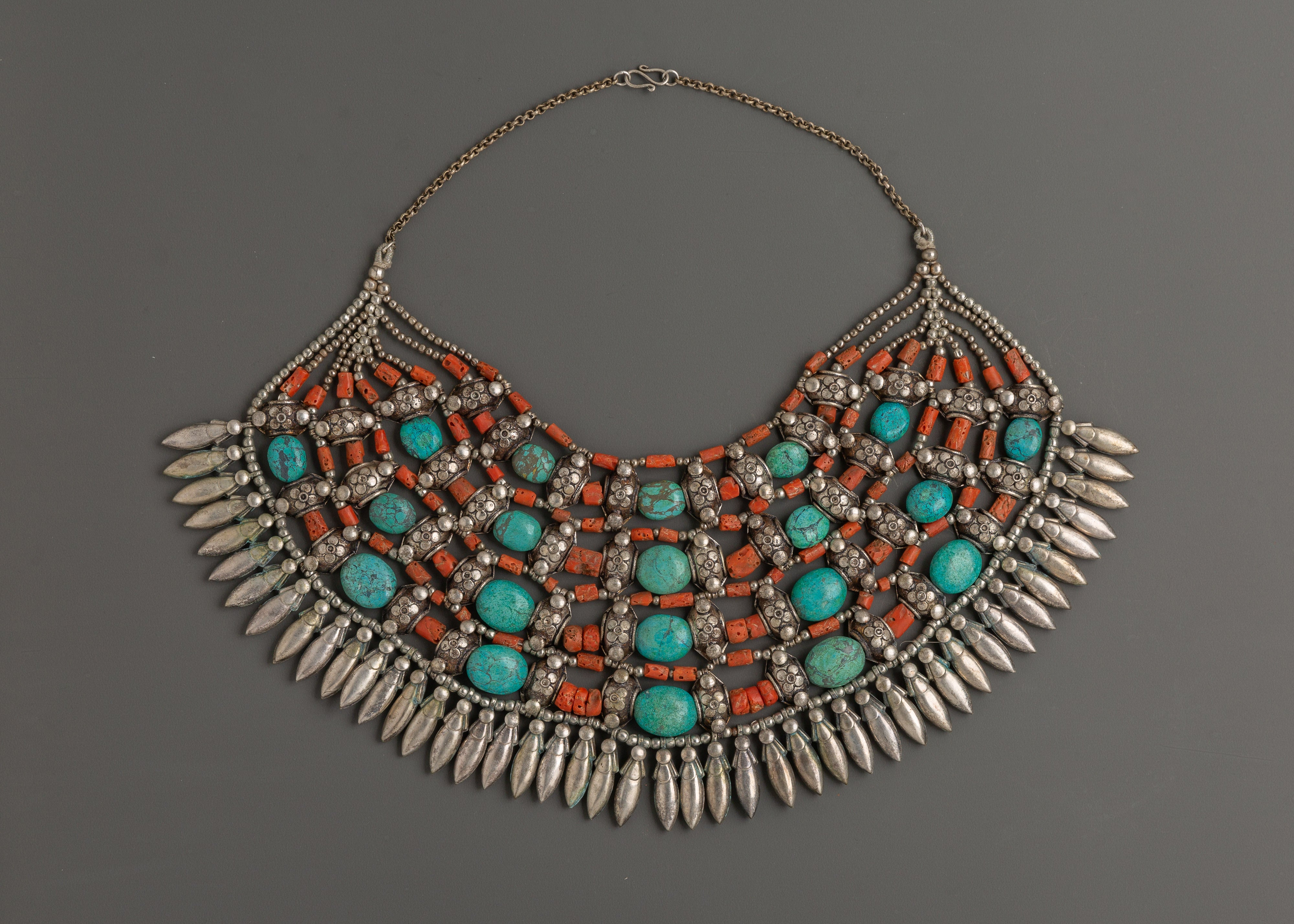Tibetan White Metal Chunky Necklace with Coral and Turquoise