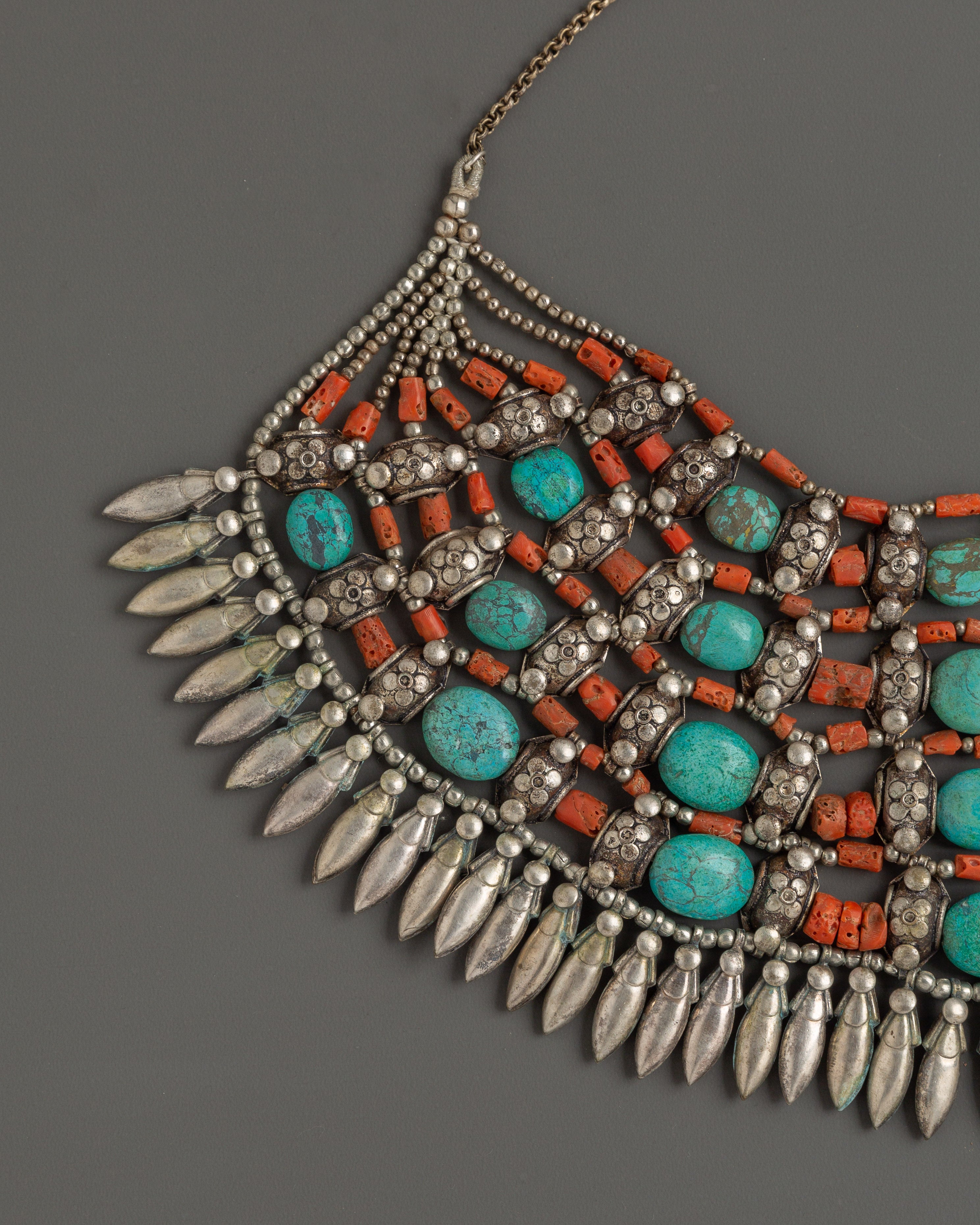 Tibetan White Metal Chunky Necklace with Coral and Turquoise