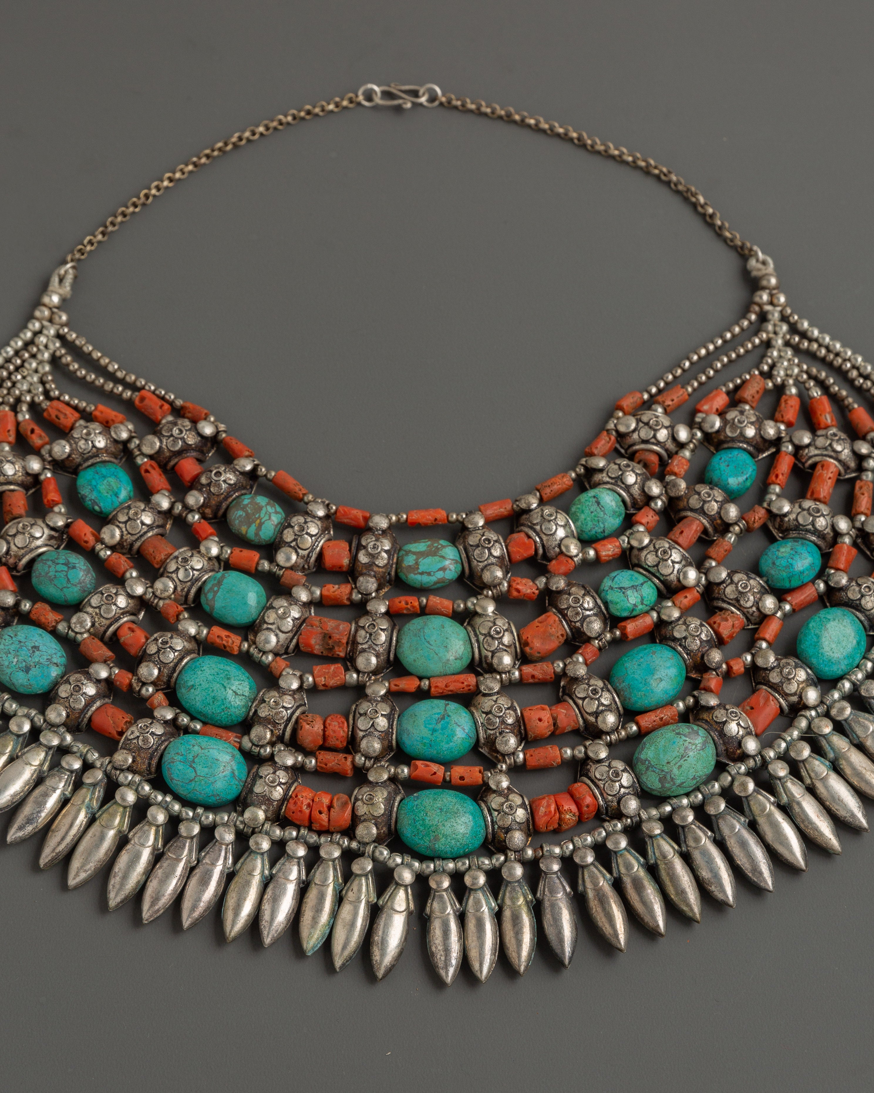 Tibetan White Metal Chunky Necklace with Coral and Turquoise