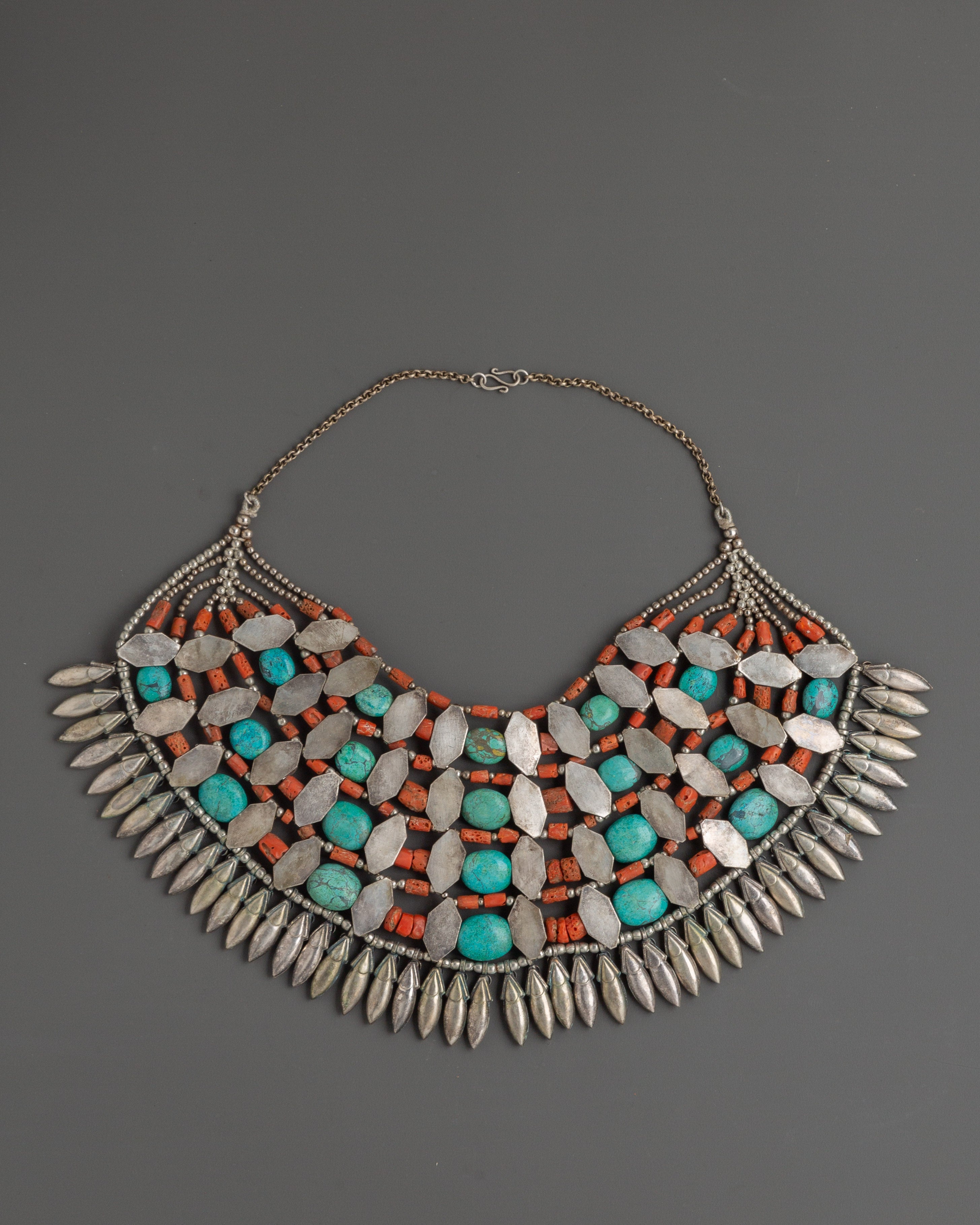 Tibetan White Metal Chunky Necklace with Coral and Turquoise