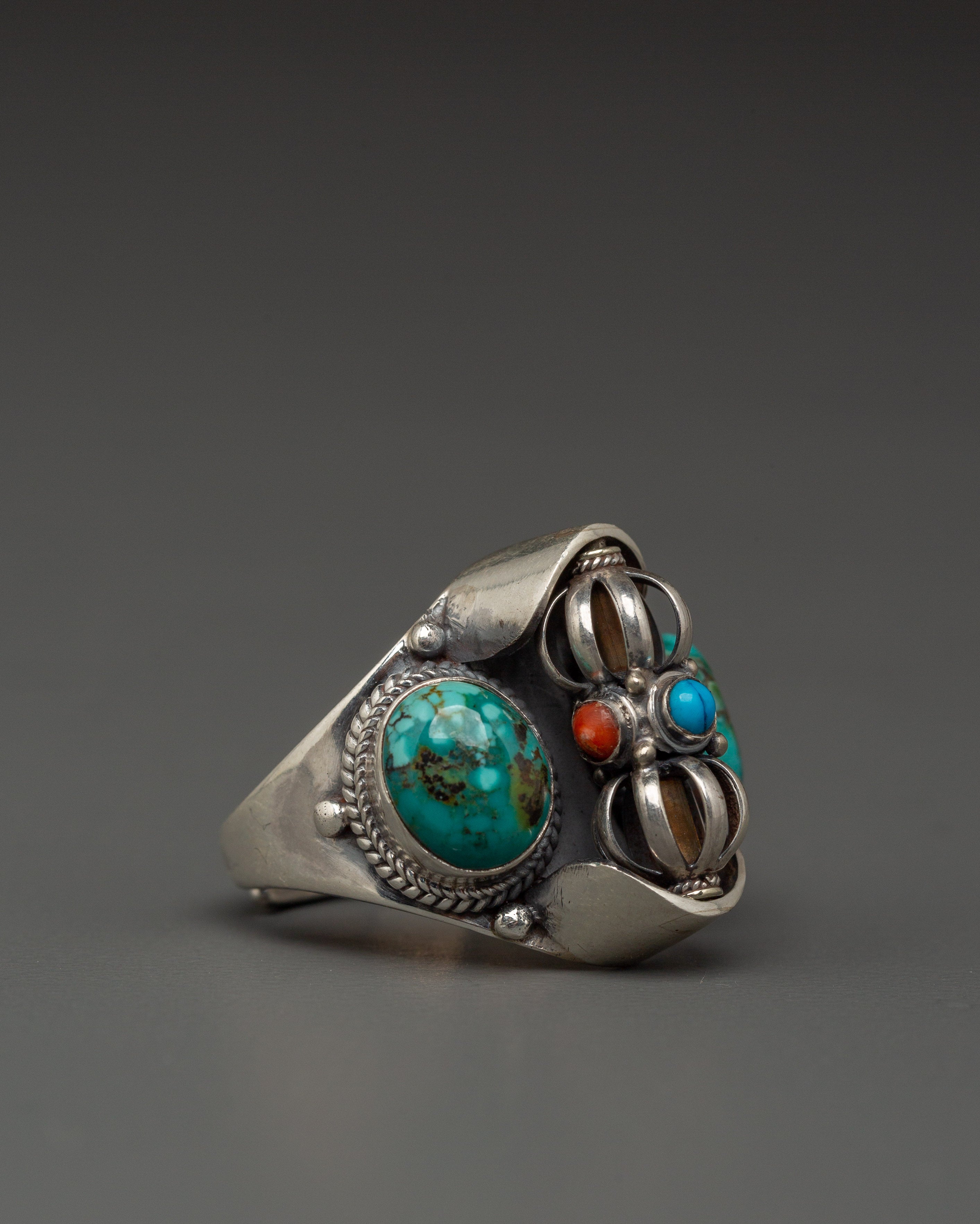 Sterling Silver Coral Ring | Handmade 92.5 Silver Ring with Turquoise Stones