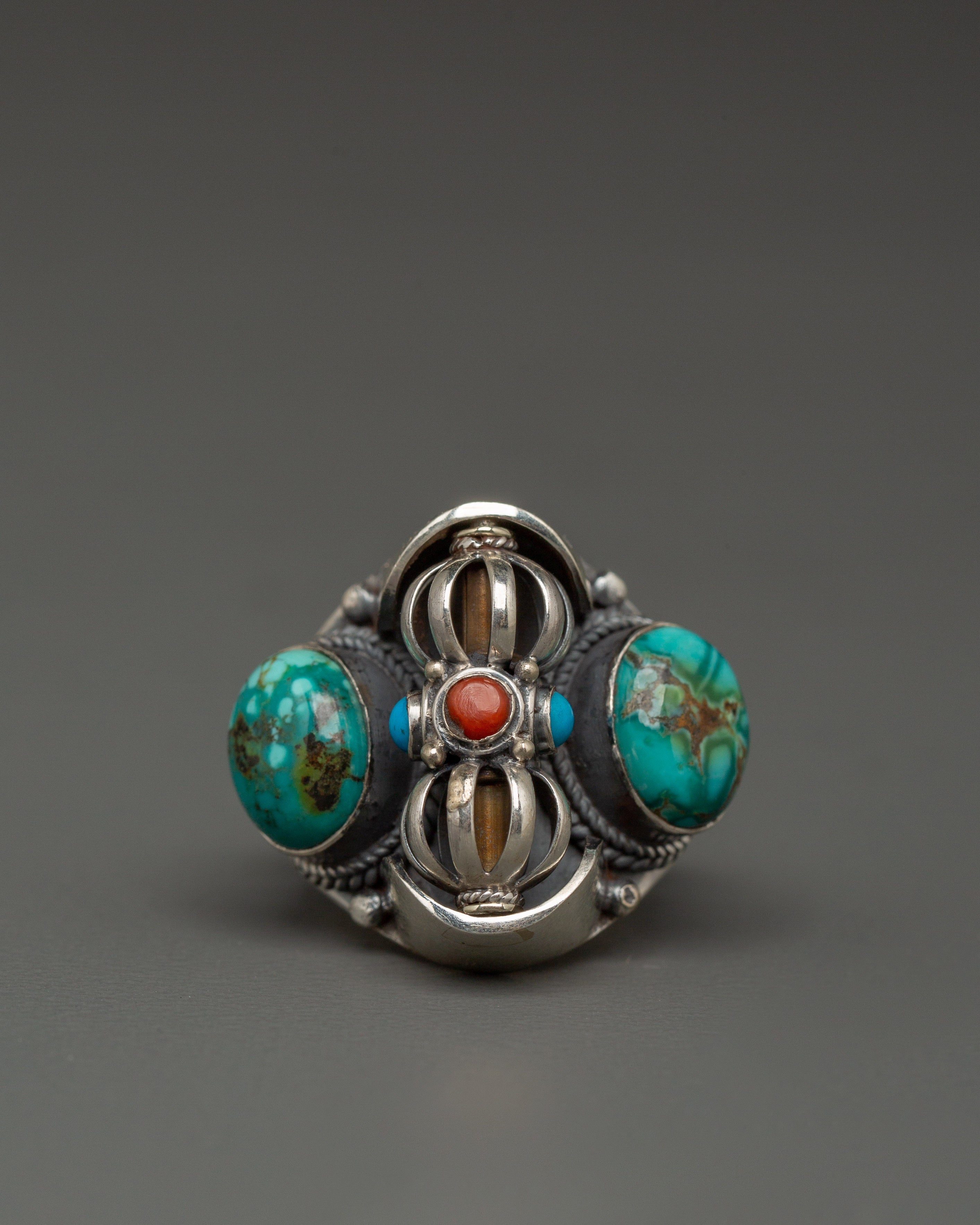 Sterling Silver Coral Ring | Handmade 92.5 Silver Ring with Turquoise Stones
