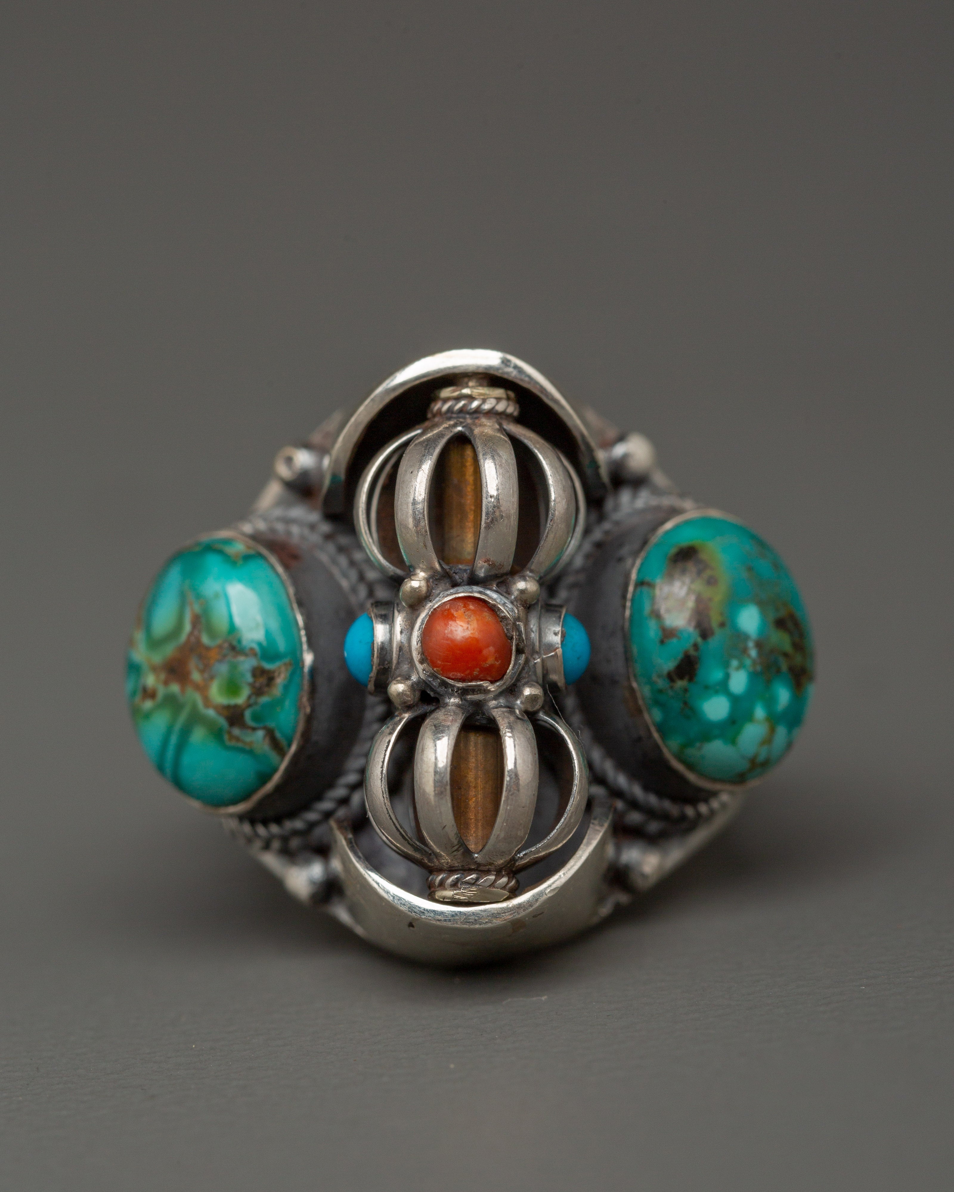 Sterling Silver Coral Ring | Handmade 92.5 Silver Ring with Turquoise Stones