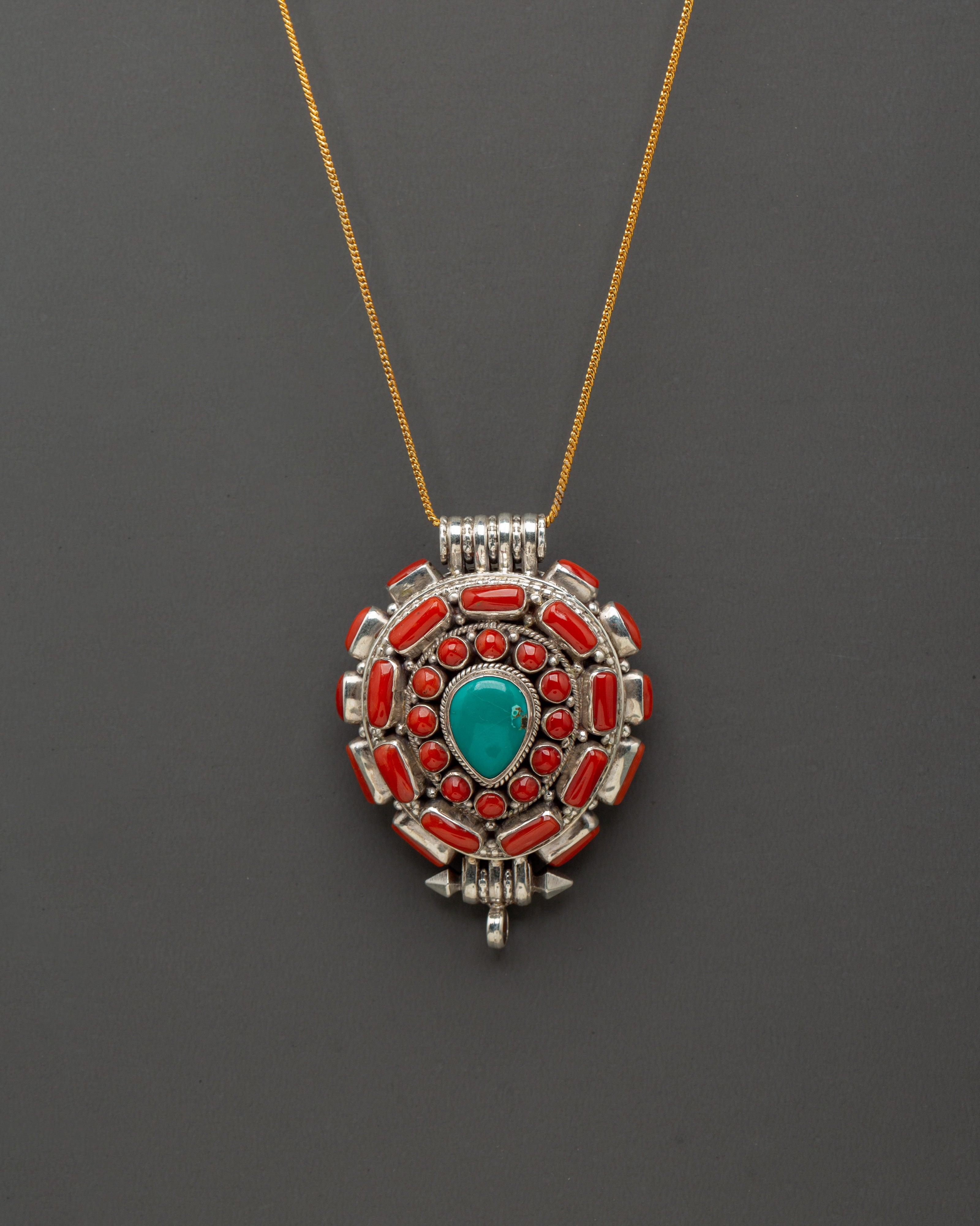 Turquoise Coral Pendant | Sterling Silver Tibetan Ghau Amulet