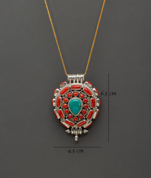 Turquoise Coral Pendant | Sterling Silver Tibetan Ghau Amulet