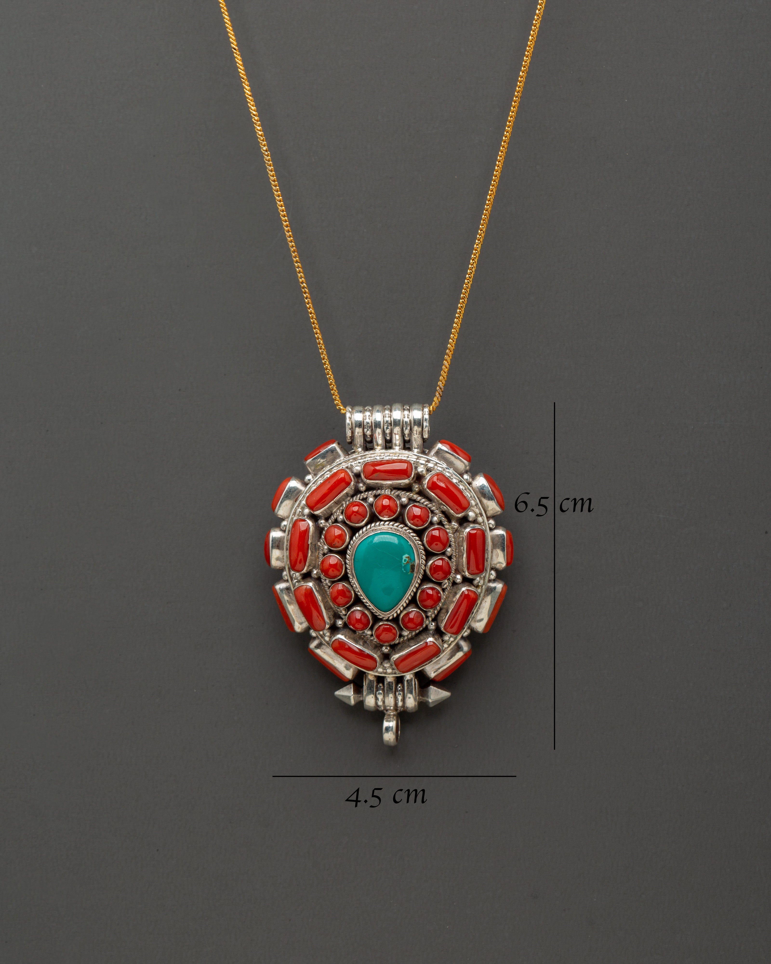 Turquoise Coral Pendant | Sterling Silver Tibetan Ghau Amulet