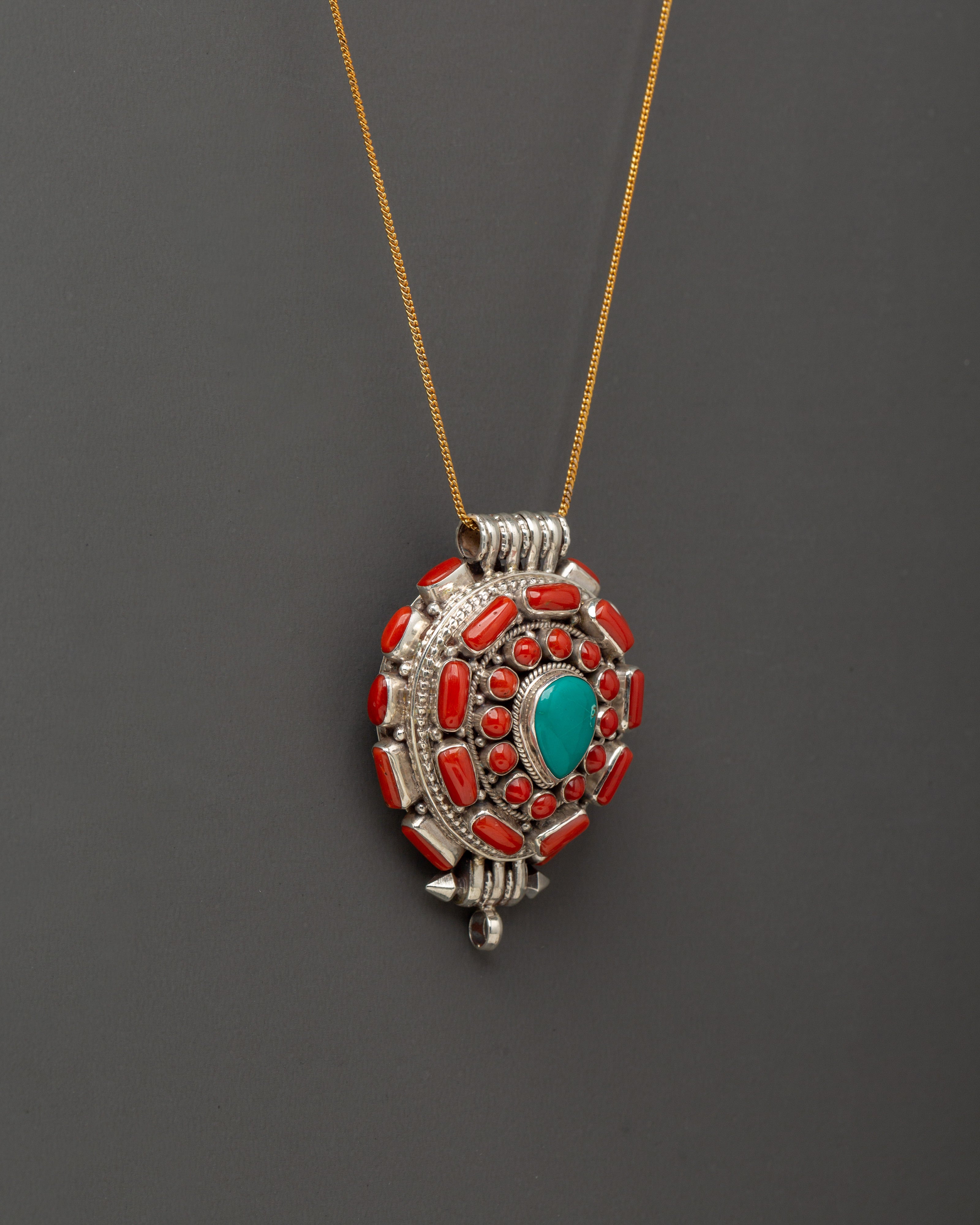 Turquoise Coral Pendant | Sterling Silver Tibetan Ghau Amulet