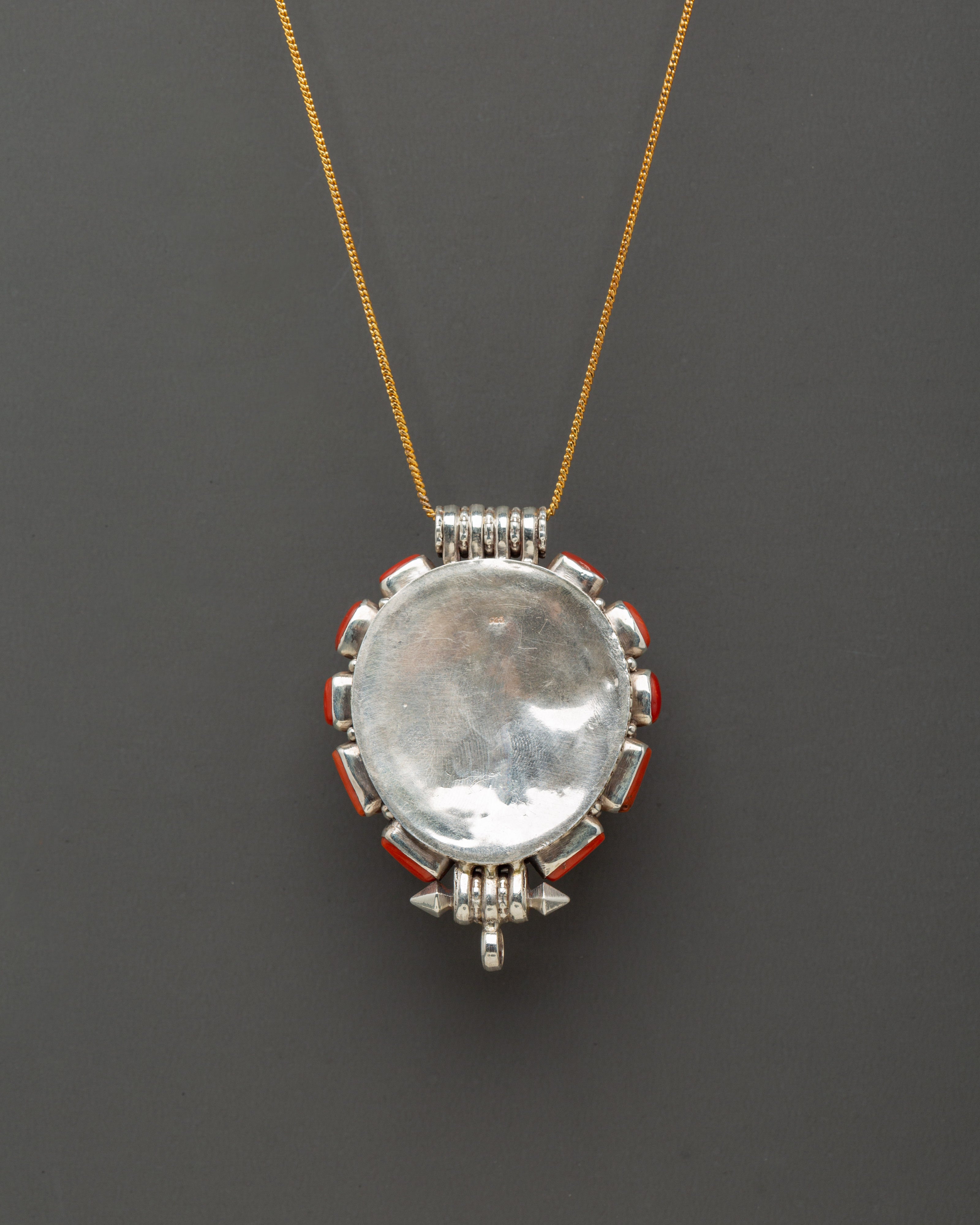 Turquoise Coral Pendant | Sterling Silver Tibetan Ghau Amulet