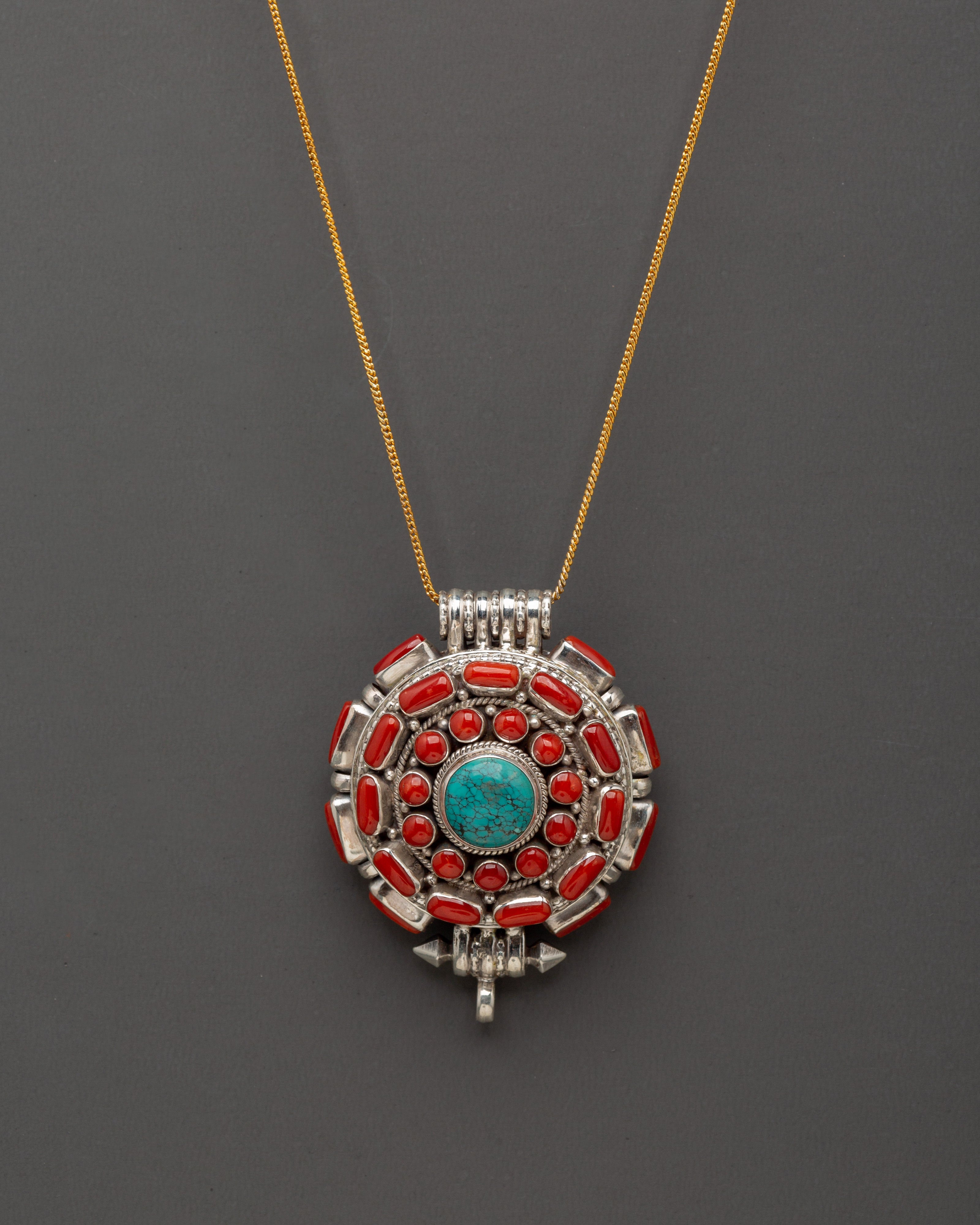 Himalayan Tribal Locket | Sterling Silver Pendant with Coral and Turquoise Stones