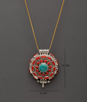 Himalayan Tribal Locket | Sterling Silver Pendant with Coral and Turquoise Stones