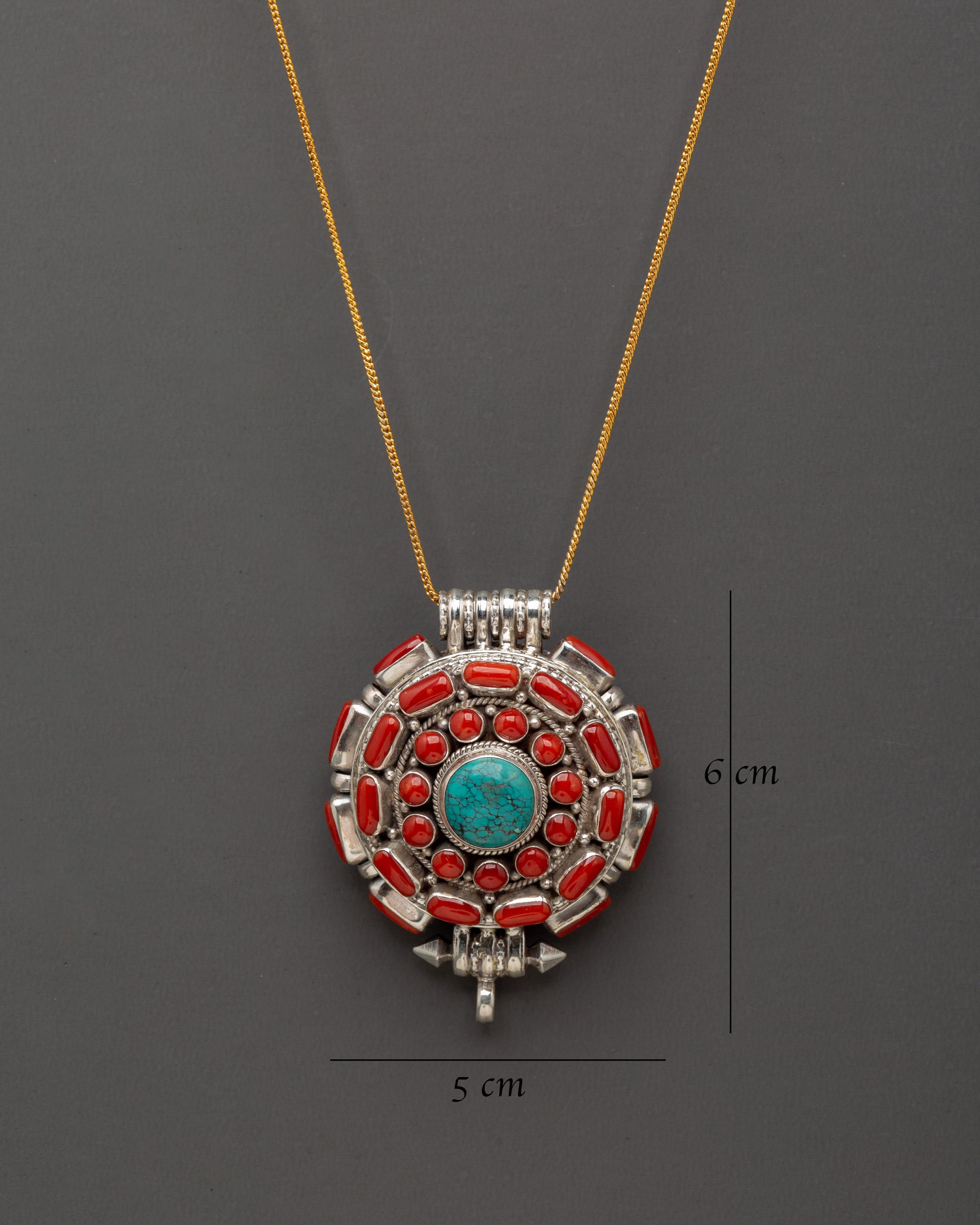 Himalayan Tribal Locket | Sterling Silver Pendant with Coral and Turquoise Stones