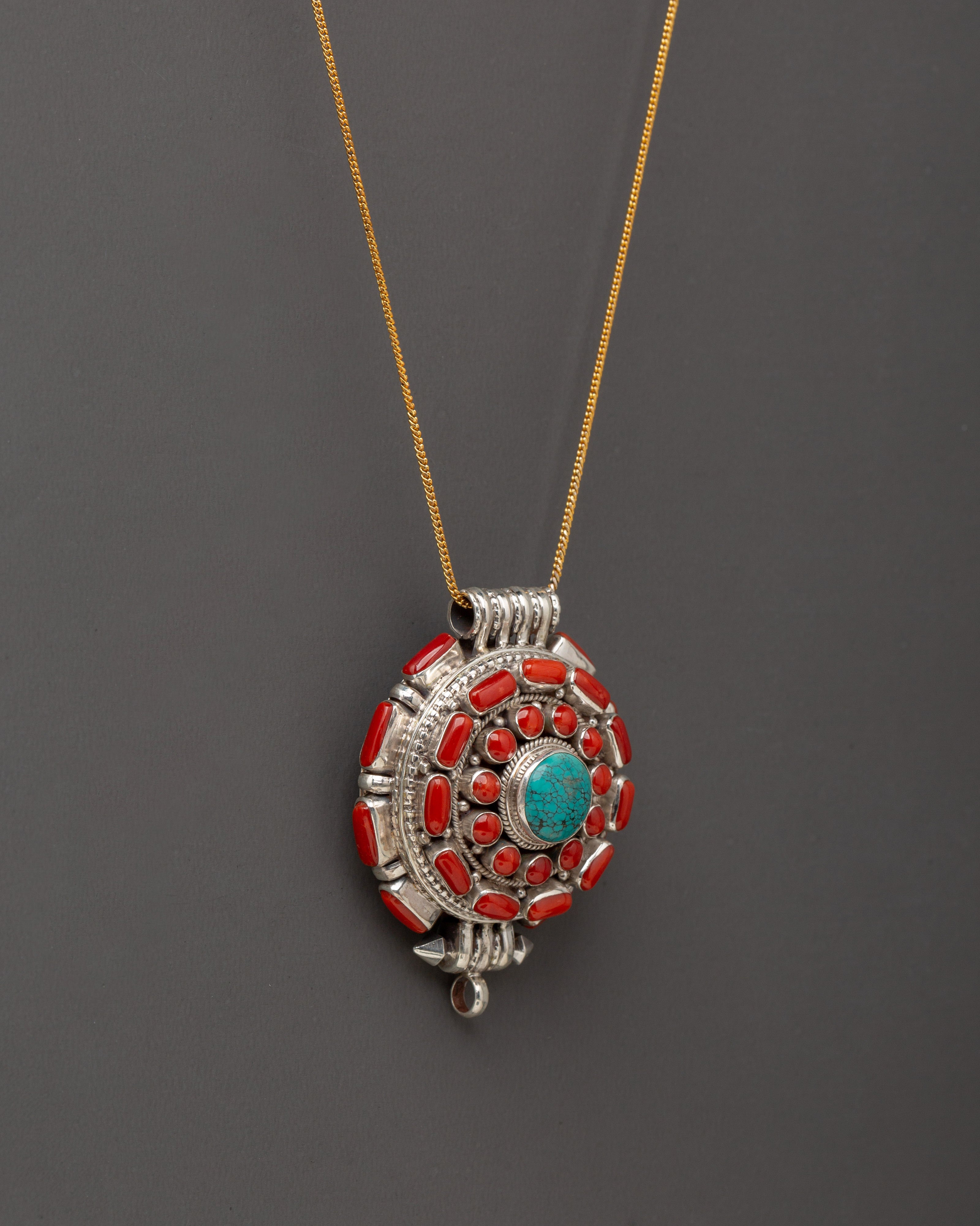 Himalayan Tribal Locket | Sterling Silver Pendant with Coral and Turquoise Stones