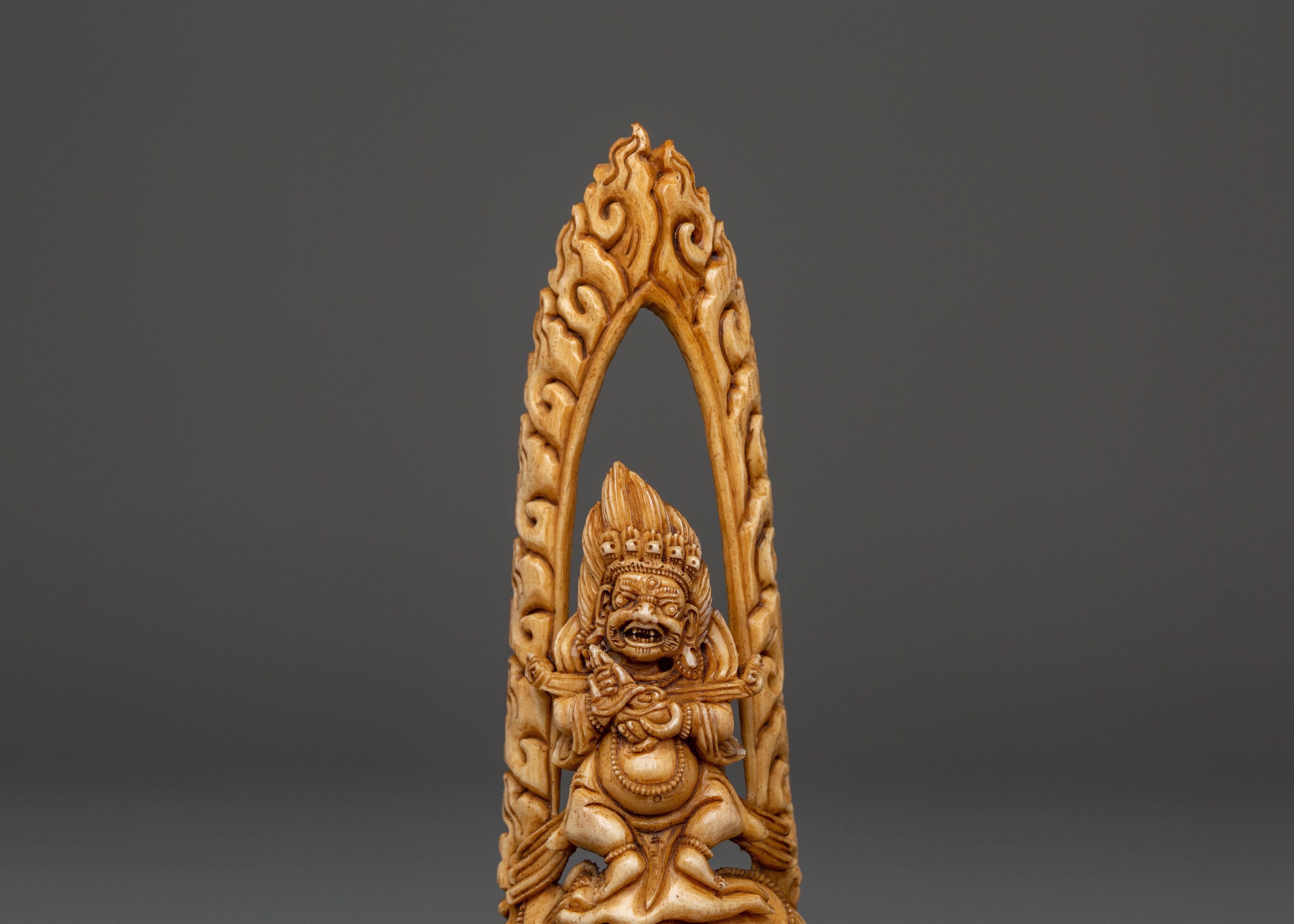 Wrathful Deity Bone Carving | Handcrafted Yak Bone Guardian Statue