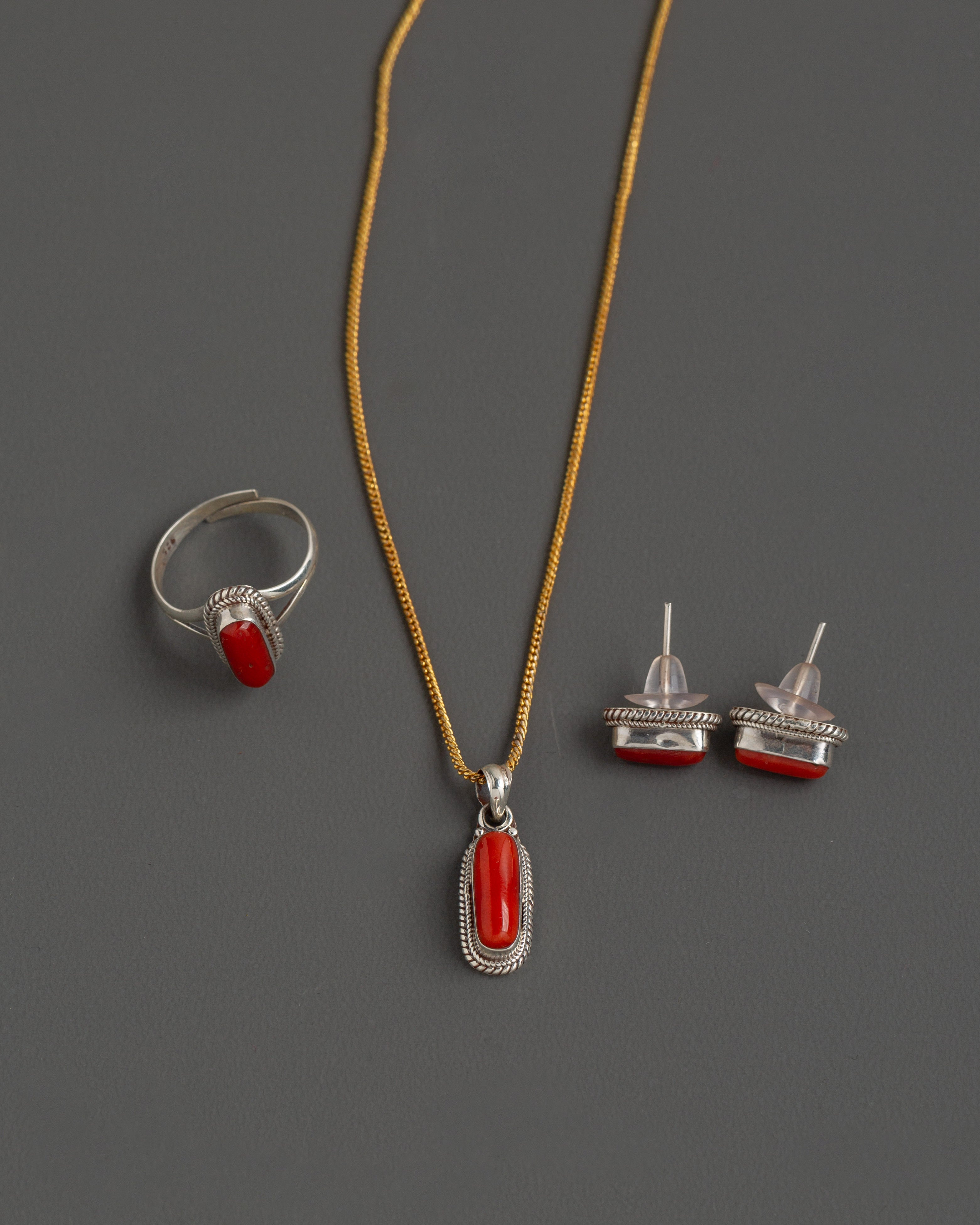 Handcrafted Red Stone Jewelry Set | Silver Ring, Earring, and Locket
