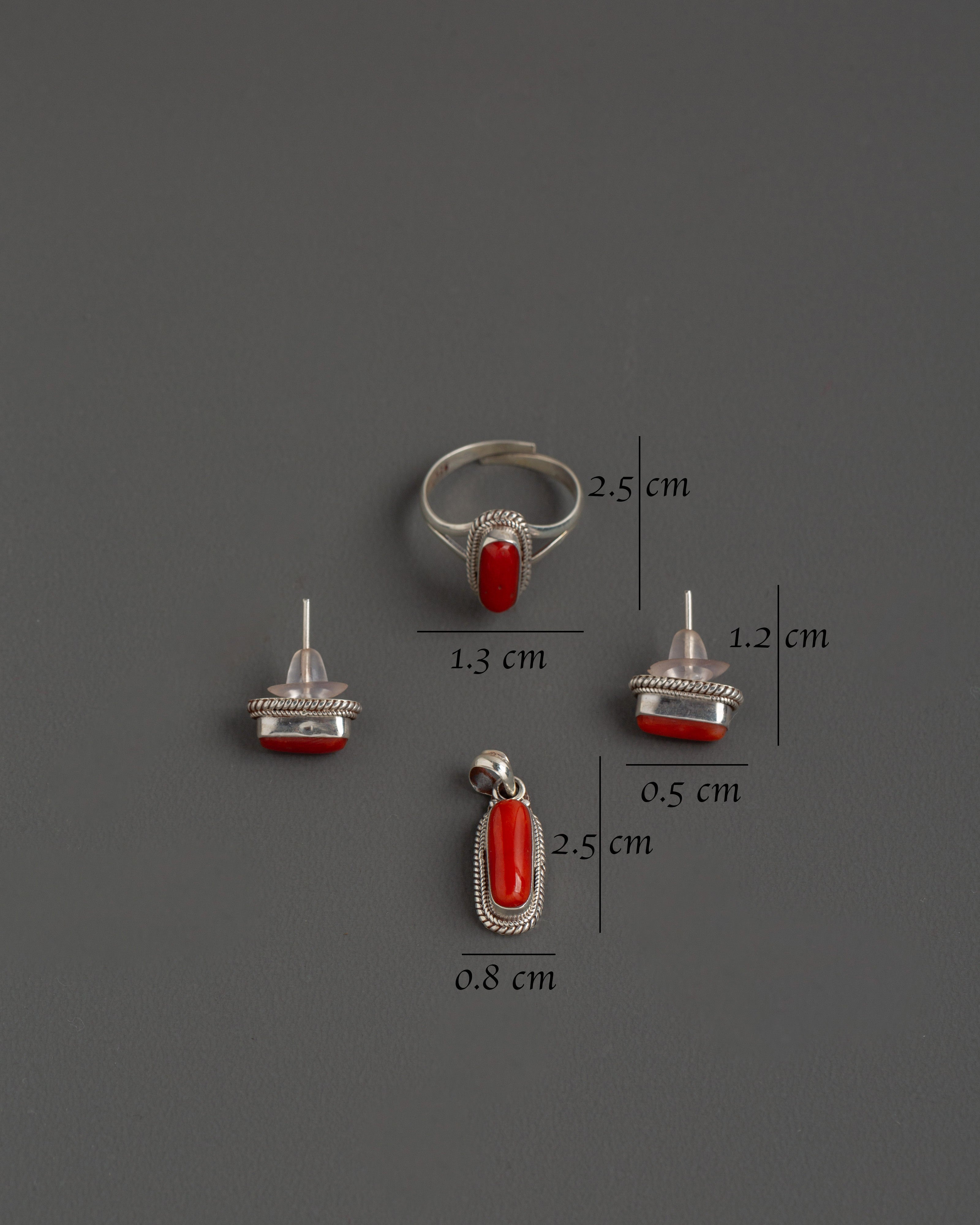 Handcrafted Red Stone Jewelry Set | Silver Ring, Earring, and Locket