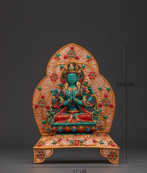 Four Armed Chenrezig with Halo and Throne Base | Tibetan Compassion Deity Sculpture