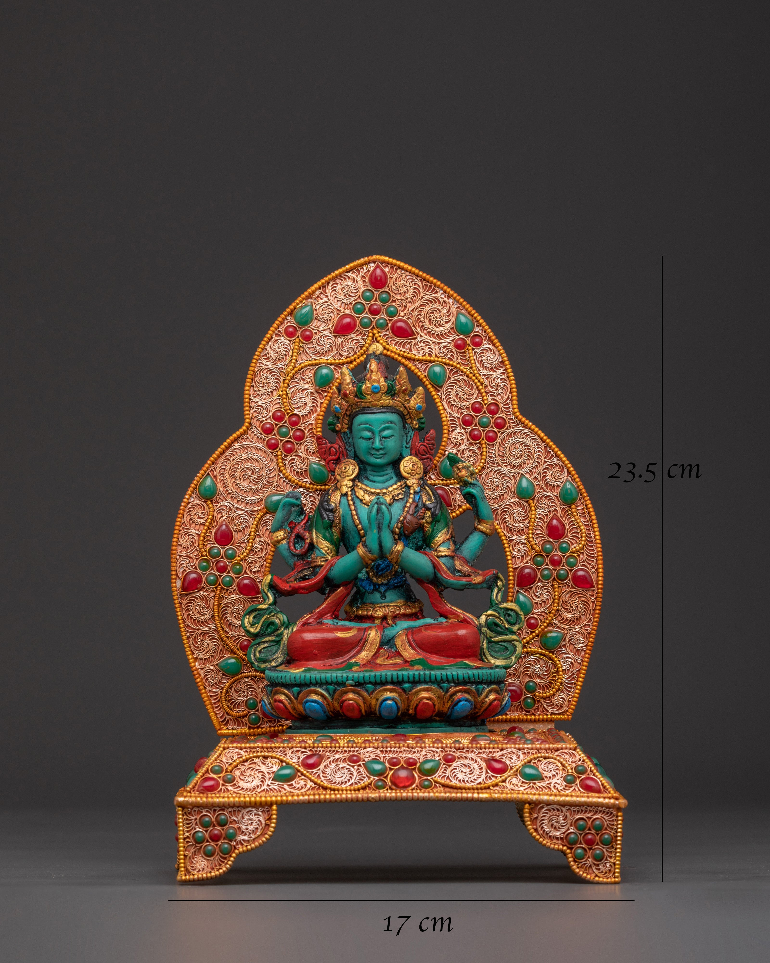 Four Armed Chenrezig with Halo and Throne Base | Tibetan Compassion Deity Sculpture