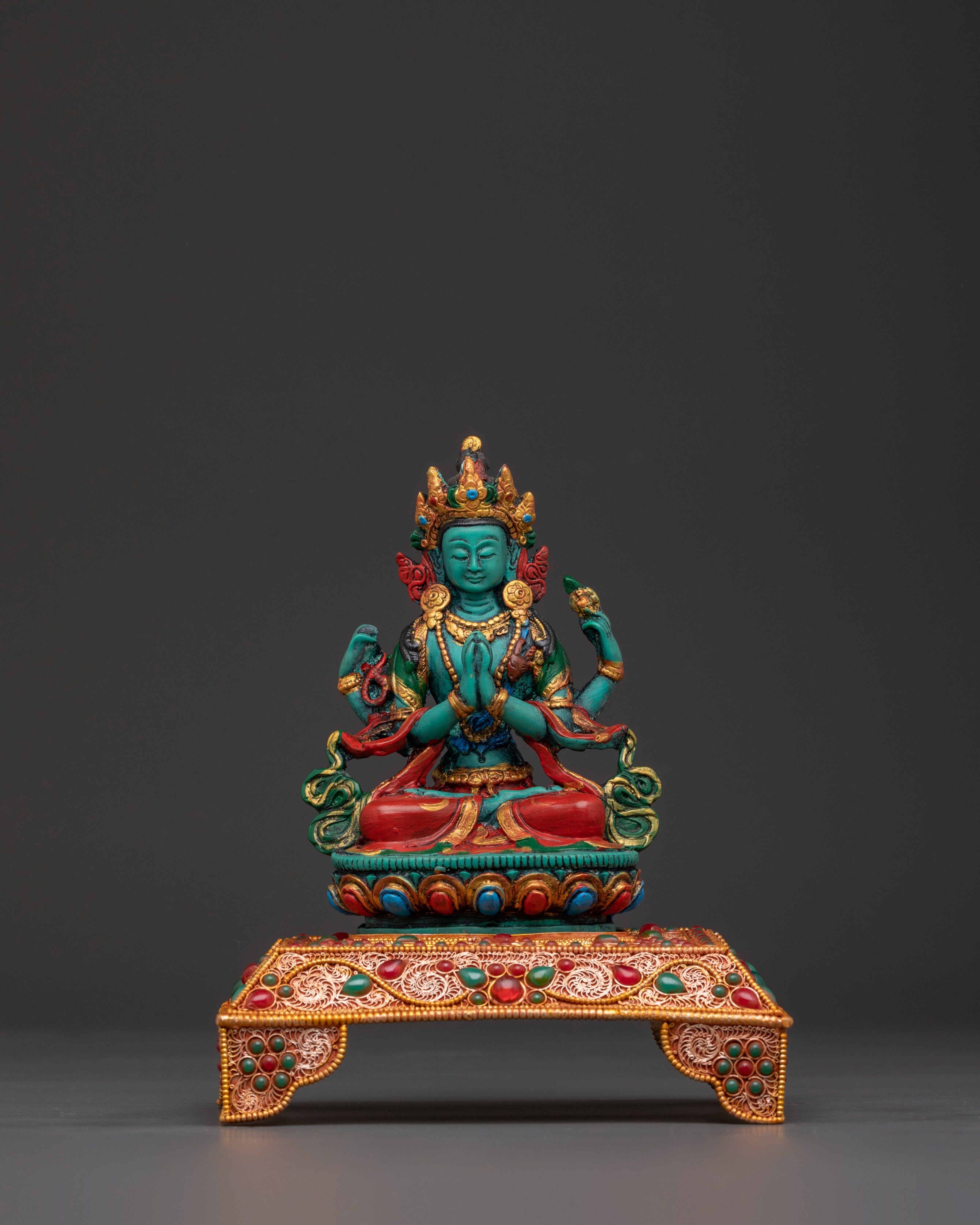 Four Armed Chenrezig with Halo and Throne Base | Tibetan Compassion Deity Sculpture