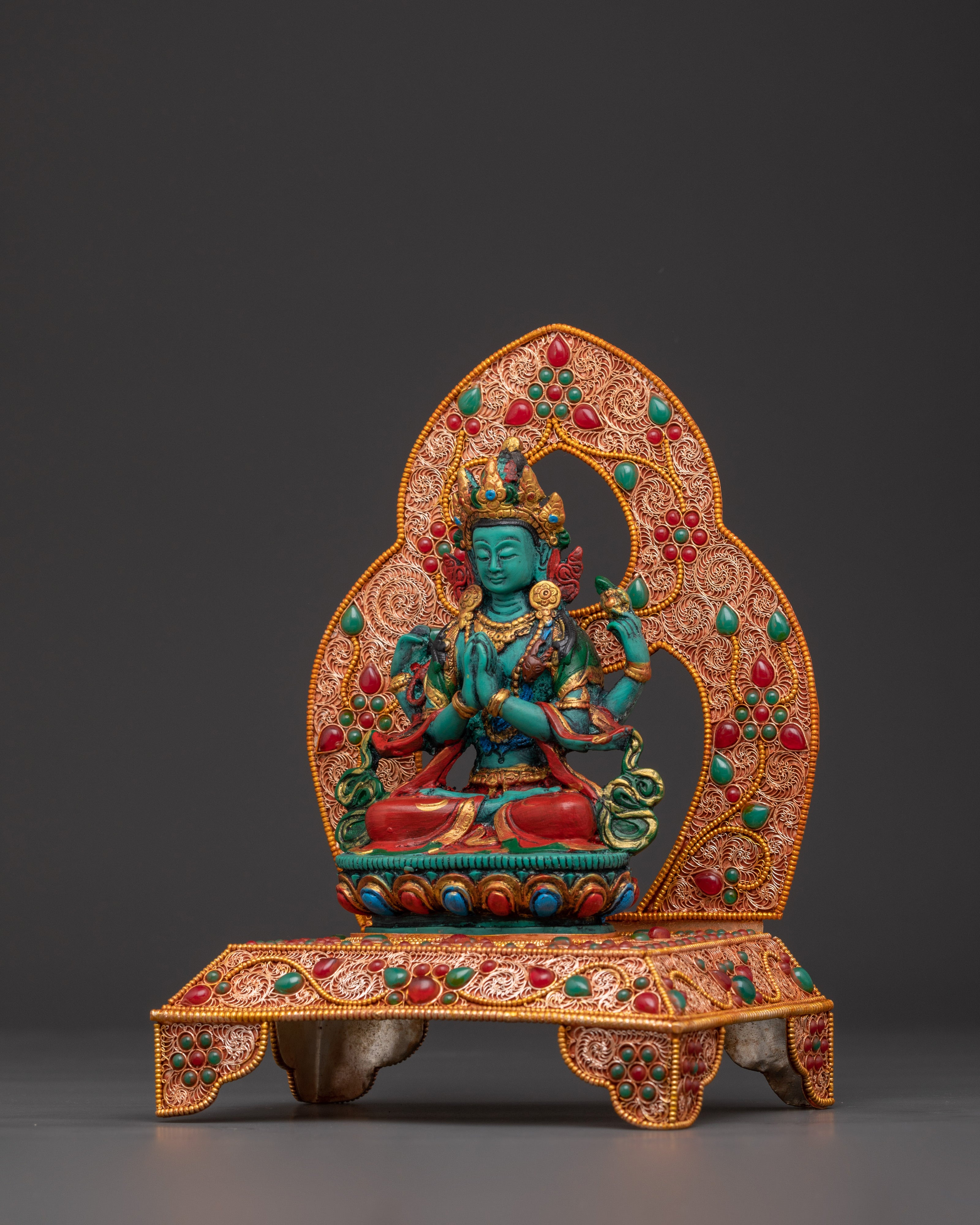 Four Armed Chenrezig with Halo and Throne Base | Tibetan Compassion Deity Sculpture