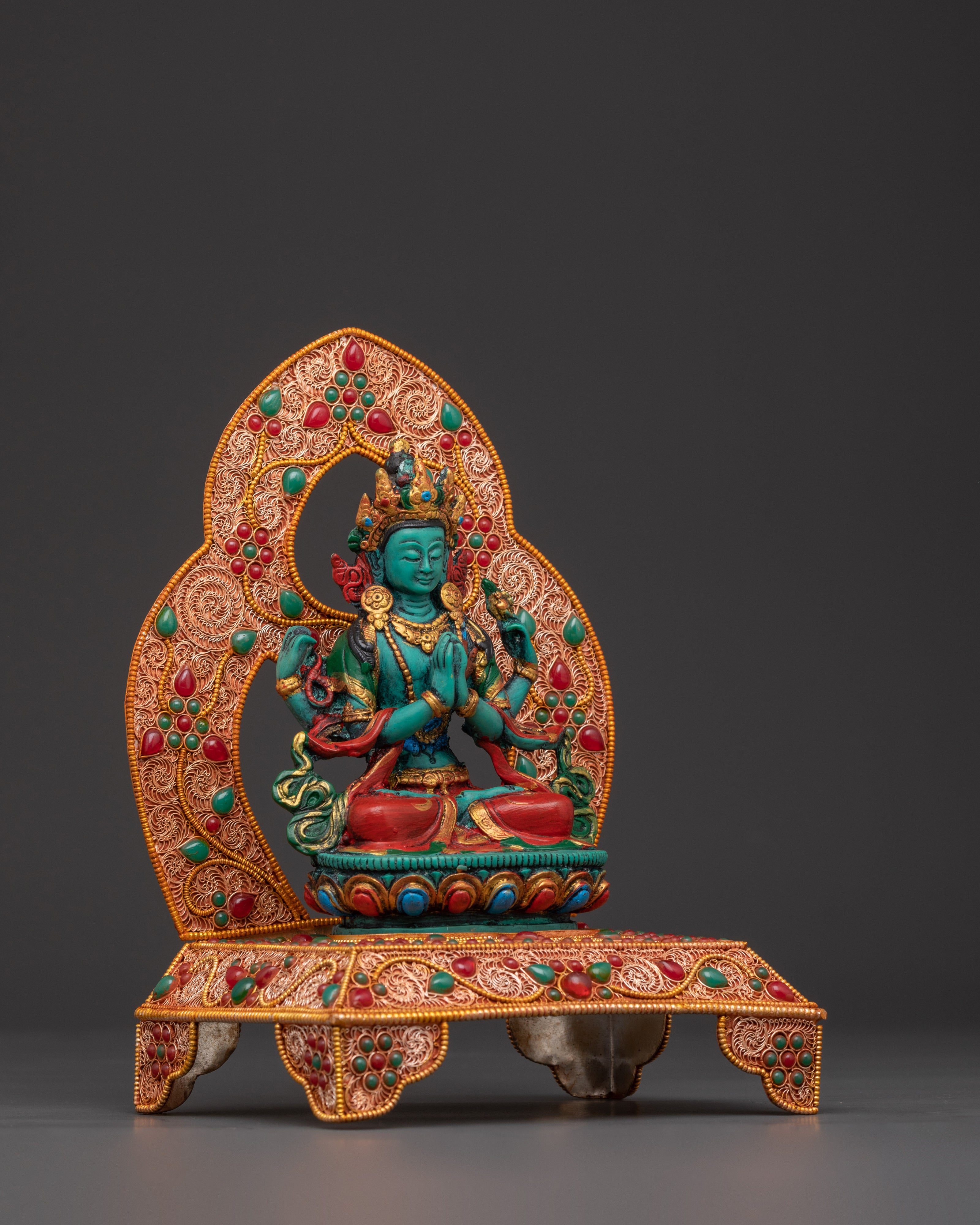 Four Armed Chenrezig with Halo and Throne Base | Tibetan Compassion Deity Sculpture